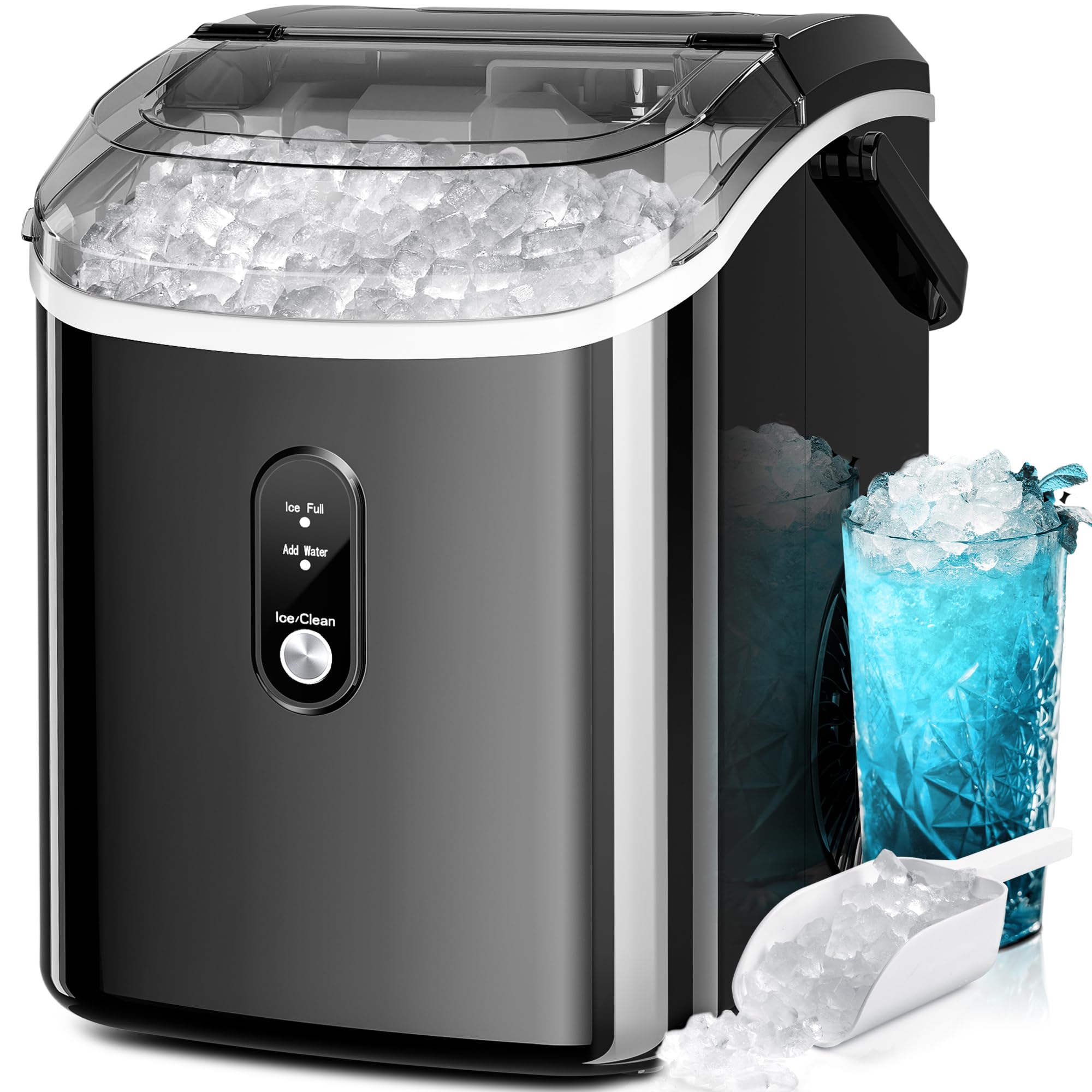 Kismile Countertop Nugget Ice Maker - Portable Sonic Ice Machine with Self-Cleaning & One-Touch Operation for Home, Office, Bar, or Party (Stainless Steel Black) - Perfect for Cocktails, Sodas, and Beverages