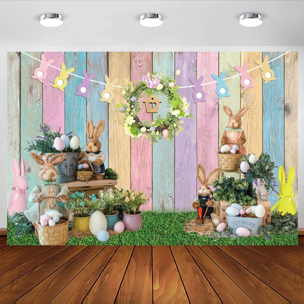 OFILA 7x5ft Easter Photography Backdrop - Soft Fabric Rustic Pastel Wood Wall with Bunny Eggs Design for Easter Party Decor, Spring Portrait Photos & Happy Easter Background - Perfect for Easter Celebrations, Baby Showers & Spring Themed Events