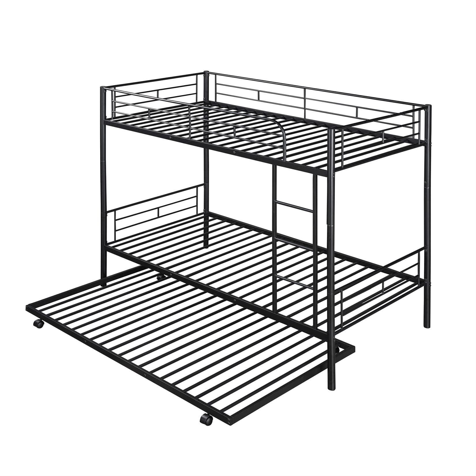 Metal Twin Over Twin Bunk Bed with Trundle - Convertible Triple Sleeper with Ladder & Safety Rails - Kids Bunk Bed Frame for Small Spaces - Can Split into 2 Separate Beds - Perfect for Dorms, Guest Rooms & Kids' Bedrooms (Black)