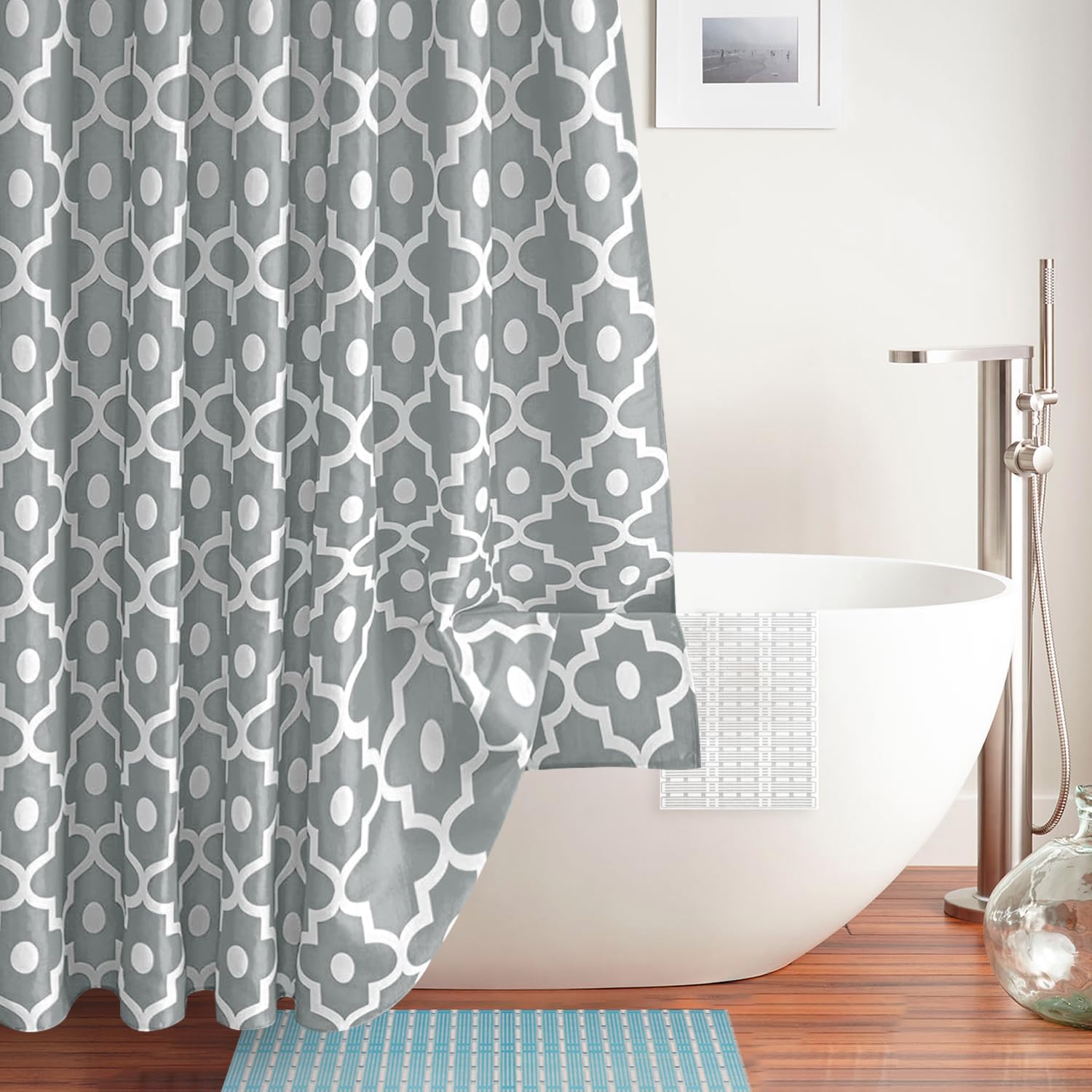 Biscaynebay Textured Fabric Shower Curtain 72x72 Inches - Silver Grey Morocco Pearl Printed Linen Bath Curtain for Modern Luxury Bathroom | Hotel Quality, Machine Washable | Perfect for Spa, Master Bath & Guest Room Decor