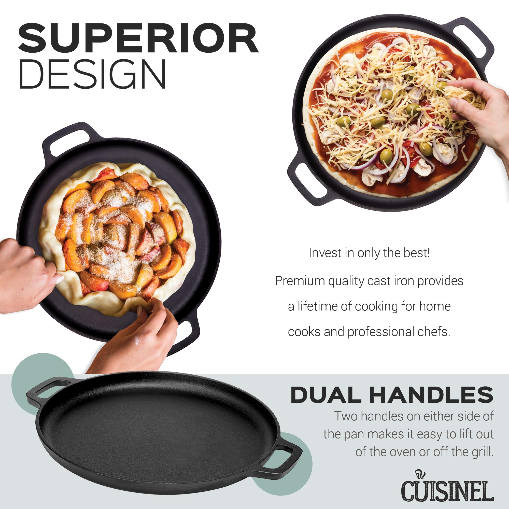 Cuisinel 13.5 Inch Pre-Seasoned Cast Iron Pizza Pan - Natural Finish, Superior Heat Retention for Perfect Baking - Oven, Stove, Grill & Campfire - Ideal for Homemade Pizza, Bread, Cookies & Outdoor Cooking