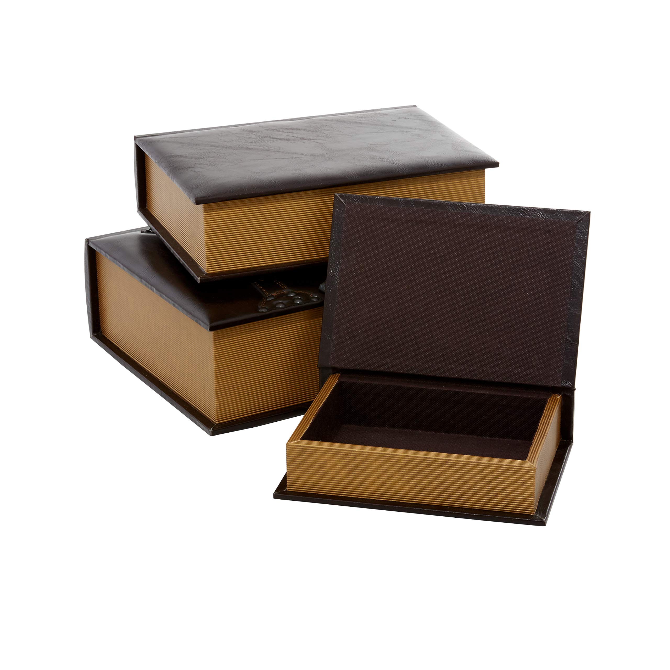 Deco 79 Set of 3 Wooden Decorative Storage Boxes - Faux Leather Book-Shaped Keepsake Boxes in Brown (14