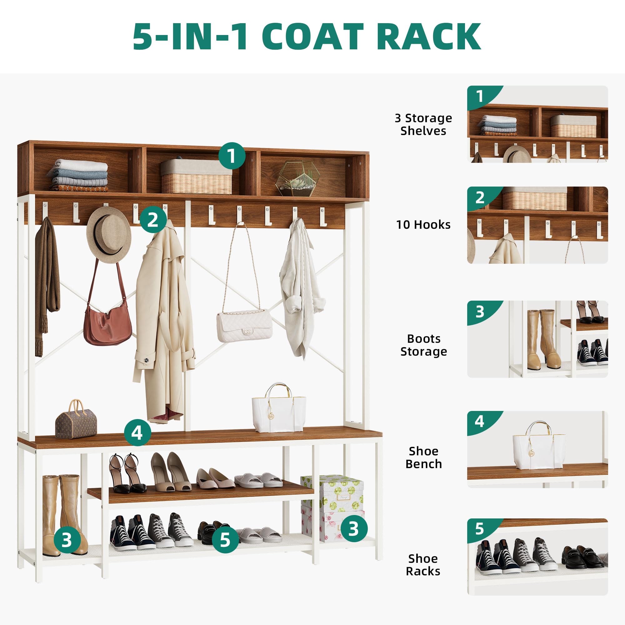 YITAHOME 5-in-1 Industrial Entryway Bench with Coat Rack & Shoe Storage - Freestanding Hall Tree with 10 Hooks & Shelves for Hallway, Bedroom, Living Room - Walnut/White Finish - Perfect for Small Spaces & Home Organization