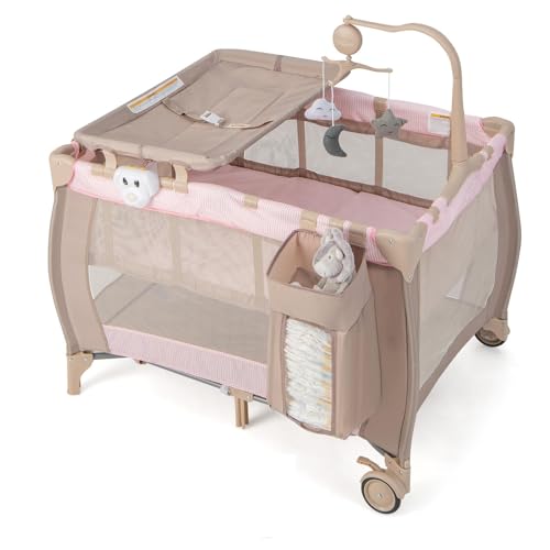 Costzon 3-in-1 Portable Baby Playard with Bassinet & Changing Table - Foldable Travel Crib with Music Box, Whirling Toys, Wheels & Storage Basket - Perfect for Nursery, Travel & Indoor/Outdoor Use