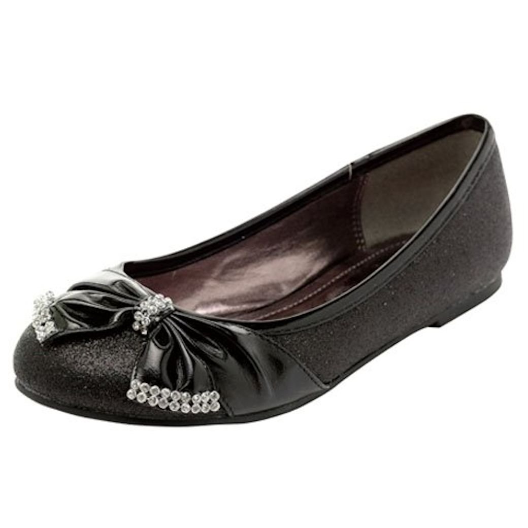 Black Girls Flat Shoes with Bow & Rhinestone Accent - Comfortable Ballet Flats for School, Party & Everyday Wear