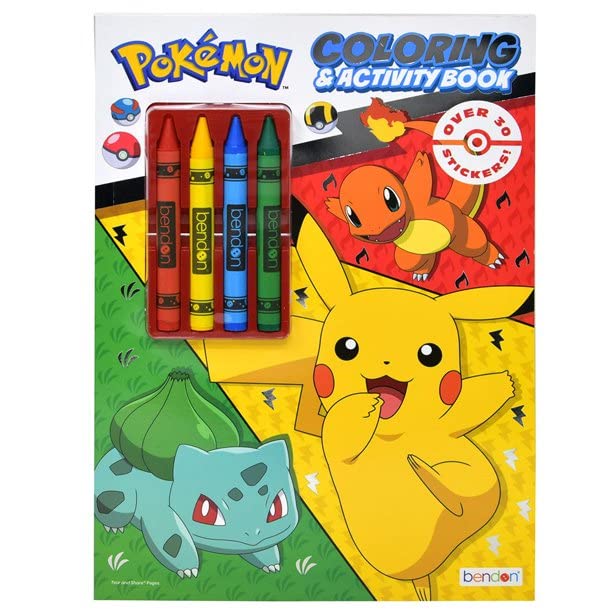 Pokémon Coloring & Activity Book for Kids with 4 Crayons - 30+ Stickers, Games, Puzzles & Cards | Fun Educational Gift for Boys & Girls Ages 3-12 | Perfect for Birthday Presents, Travel Activities & Creative Playtime