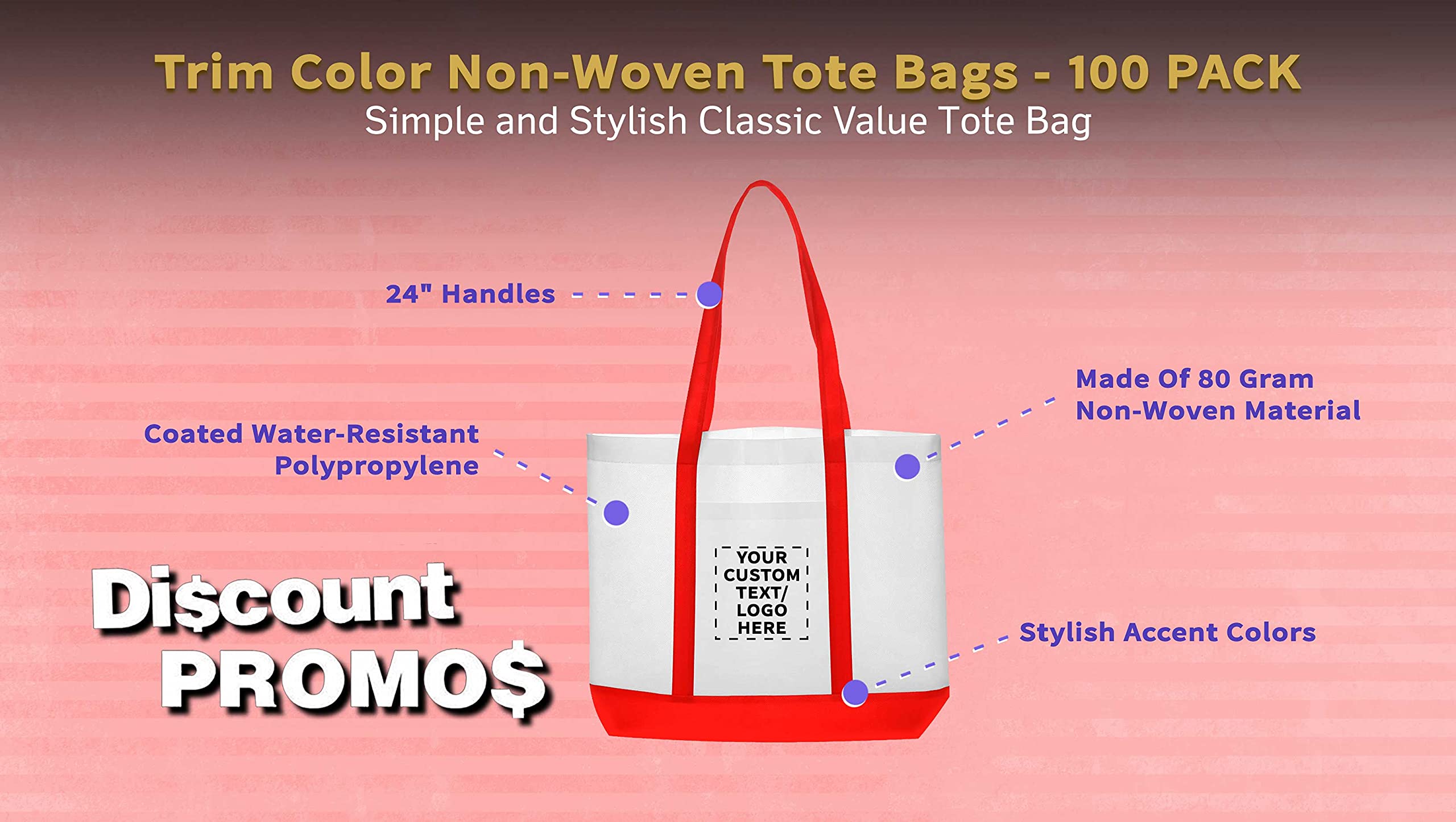 Customizable Non-Woven Tote Bags Set of 100 - Durable, Water Resistant, Two-Tone Design with Front Pocket - 18