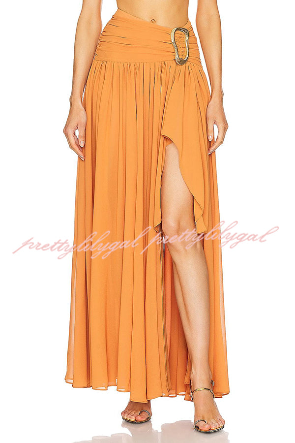 Vacation Chic Chiffon High Rise Flowy Asymmetrical Drape Maxi Skirt - Women's Elegant Beach Cover Up Skirt for Summer Travel, Boho Outfits & Resort Wear