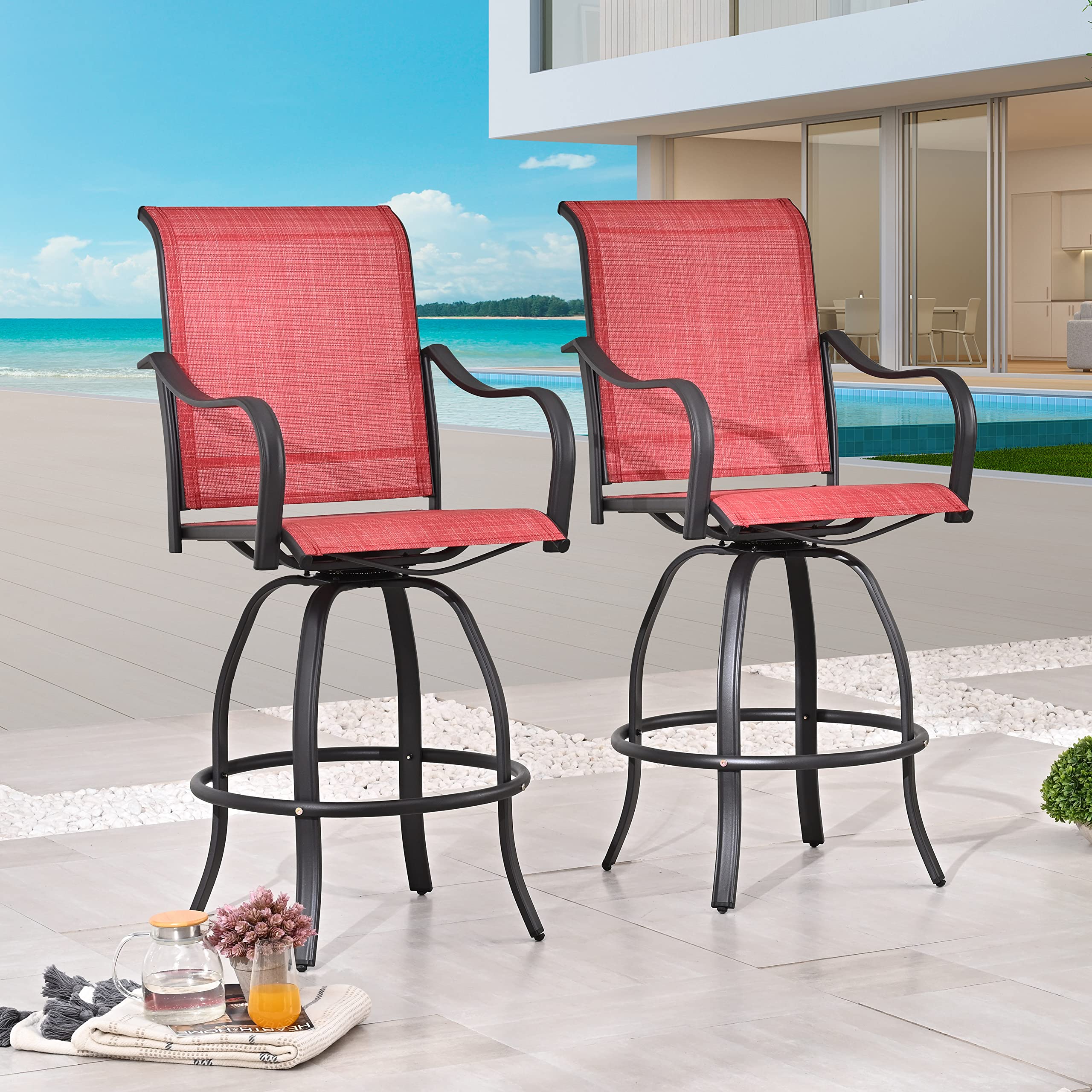 LOKATSE HOME 2-Piece Bar Height Swivel Stool Set - All-Weather Metal Frame & Red Tesling Fabric - Outdoor Patio Furniture for Backyard, Deck, Garden - Perfect for Poolside, BBQ, and Entertaining