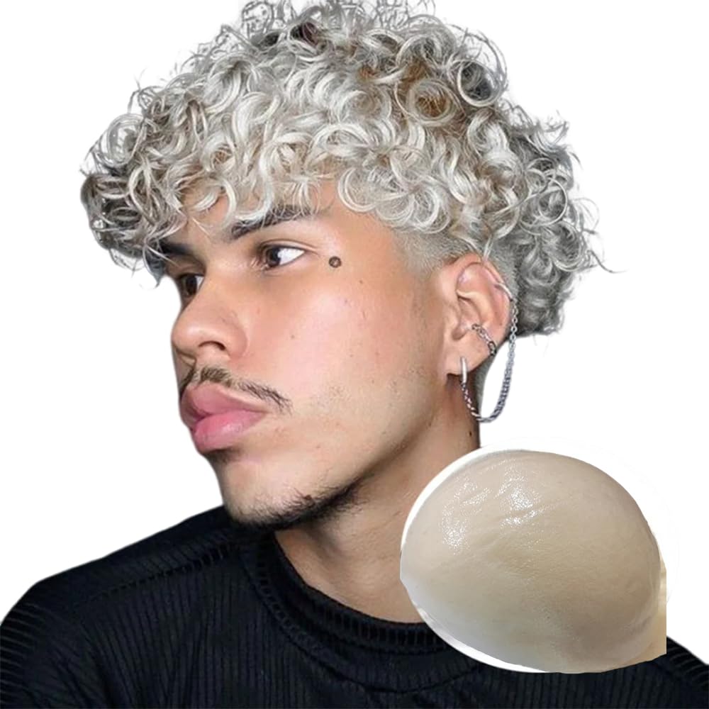 Natural White Human Hair Toupee for Men - Curly Wave Hair Replacement System - 8x10 PU Base Hairpiece for Thinning Hair & Baldness - Perfect for Daily Wear, Cosplay & Special Events