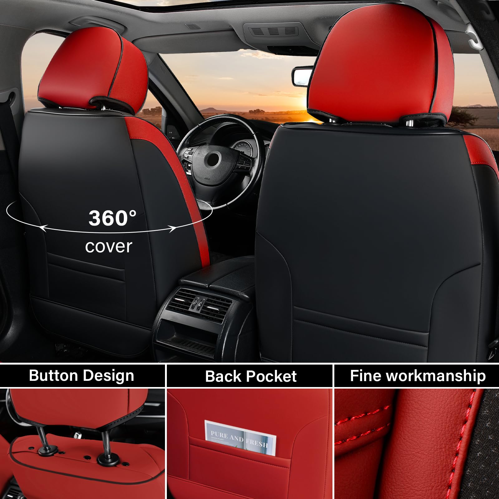 Premium Car Seat Covers Full Set - 5-Piece Universal Fit for Most Cars & Vans | Breathable Faux Leather Winter Seat Protectors | Front & Back Seat Covers (Red) | Perfect for Daily Commute, Road Trips & Cold Weather Protection