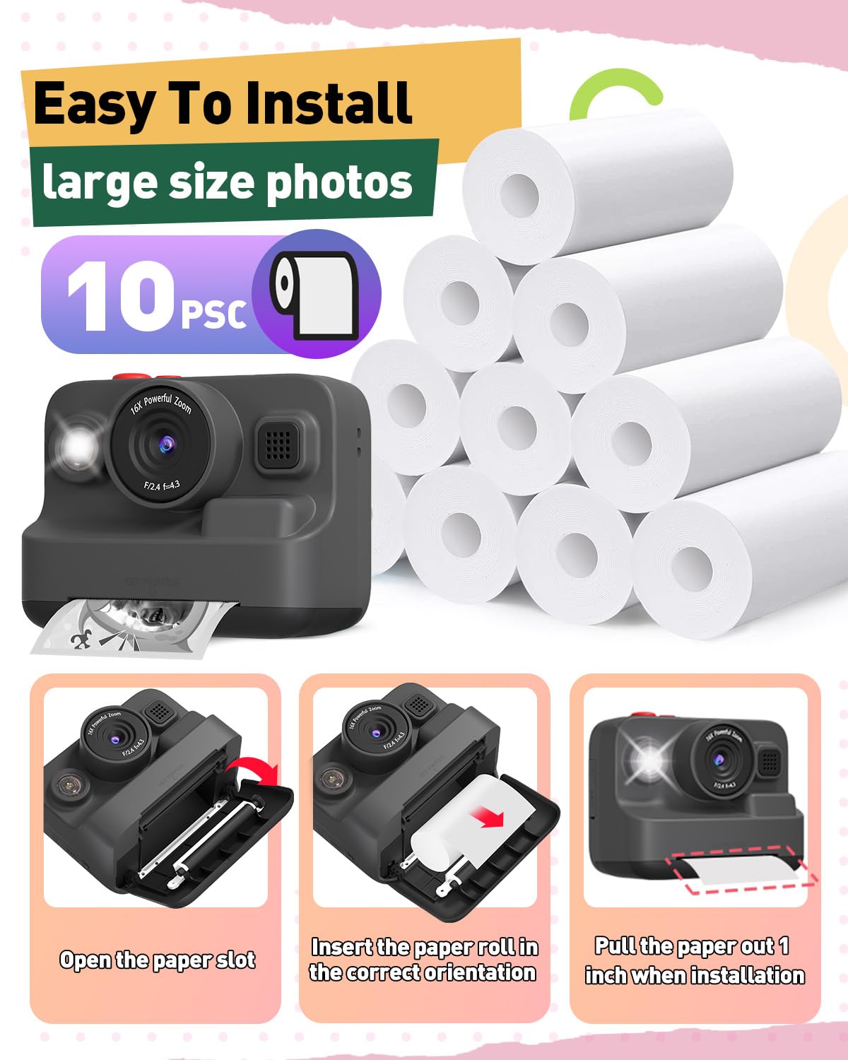 10 Rolls Kids Instant Camera Print Paper - BPA Free Thermal Photo Printer Paper Refills, Compatible with Most Instant Cameras for Kids - Perfect for Birthday Parties, School Events & Family Memories