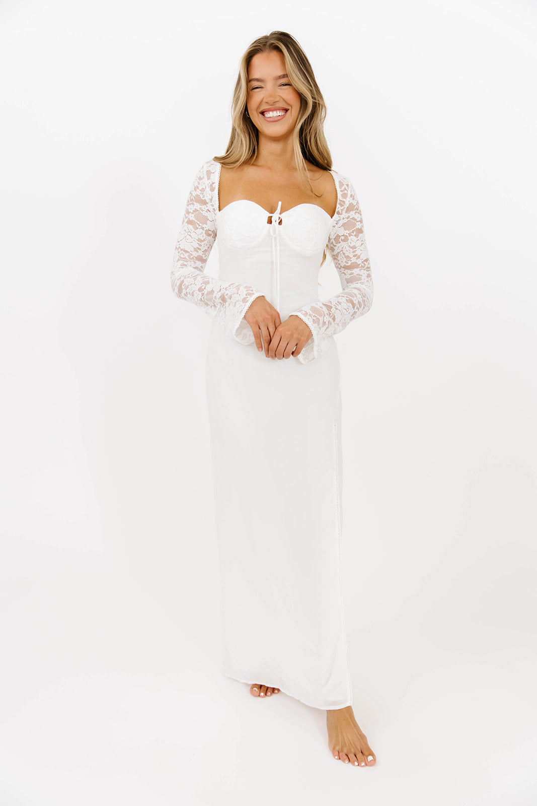 Elegant White Lace Sweetheart Neck Long Sleeve Maxi Dress for Women | Perfect for Weddings, Parties & Special Occasions