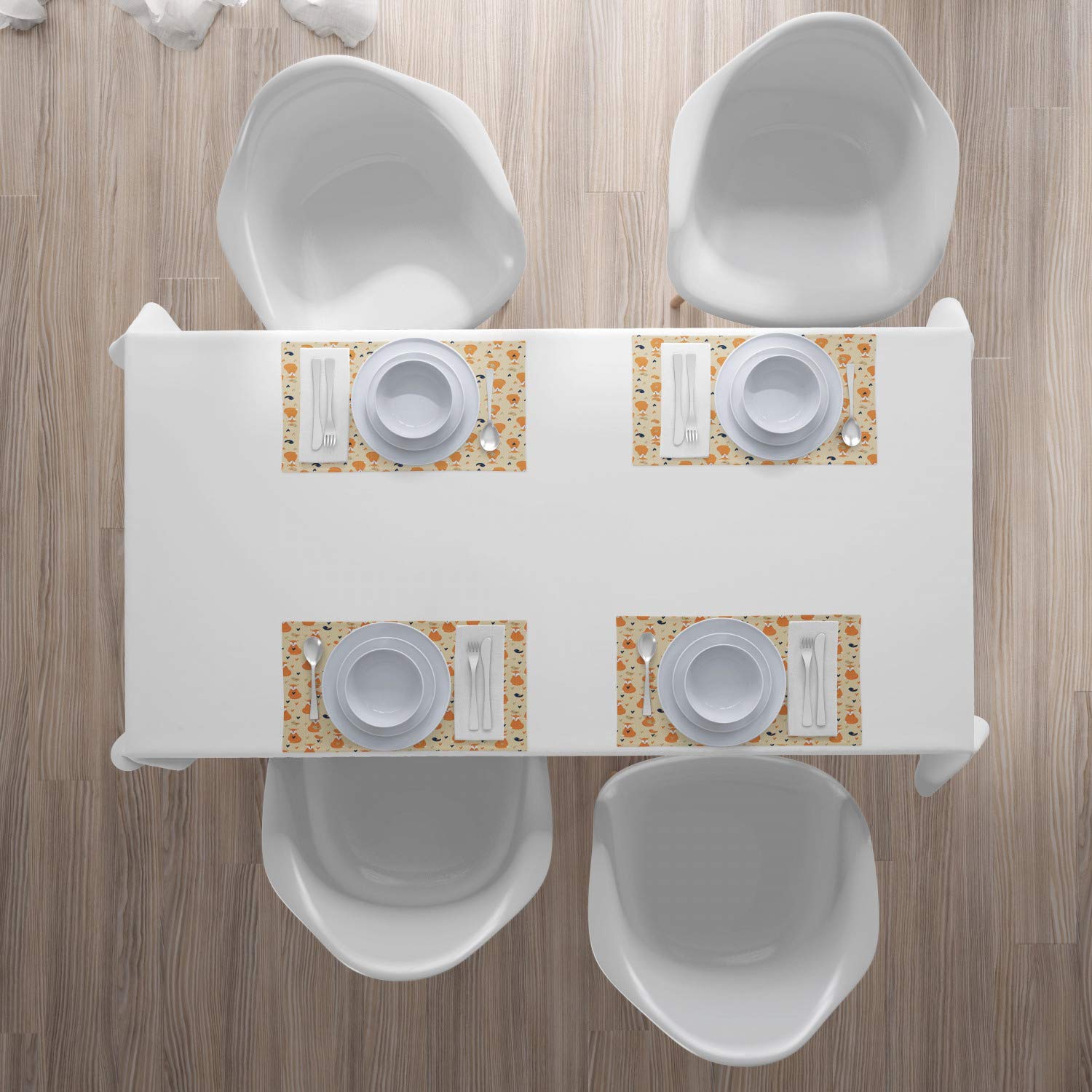 Ambesonne Forest Friends Placemats Set of 4 - Fox, Bird & Heart Pattern Washable Fabric Place Mats for Dining Table - Beige, Pale Orange, Night Blue, Dark Tan - Perfect for Kitchen Decor, Dinner Parties & Holiday Gatherings