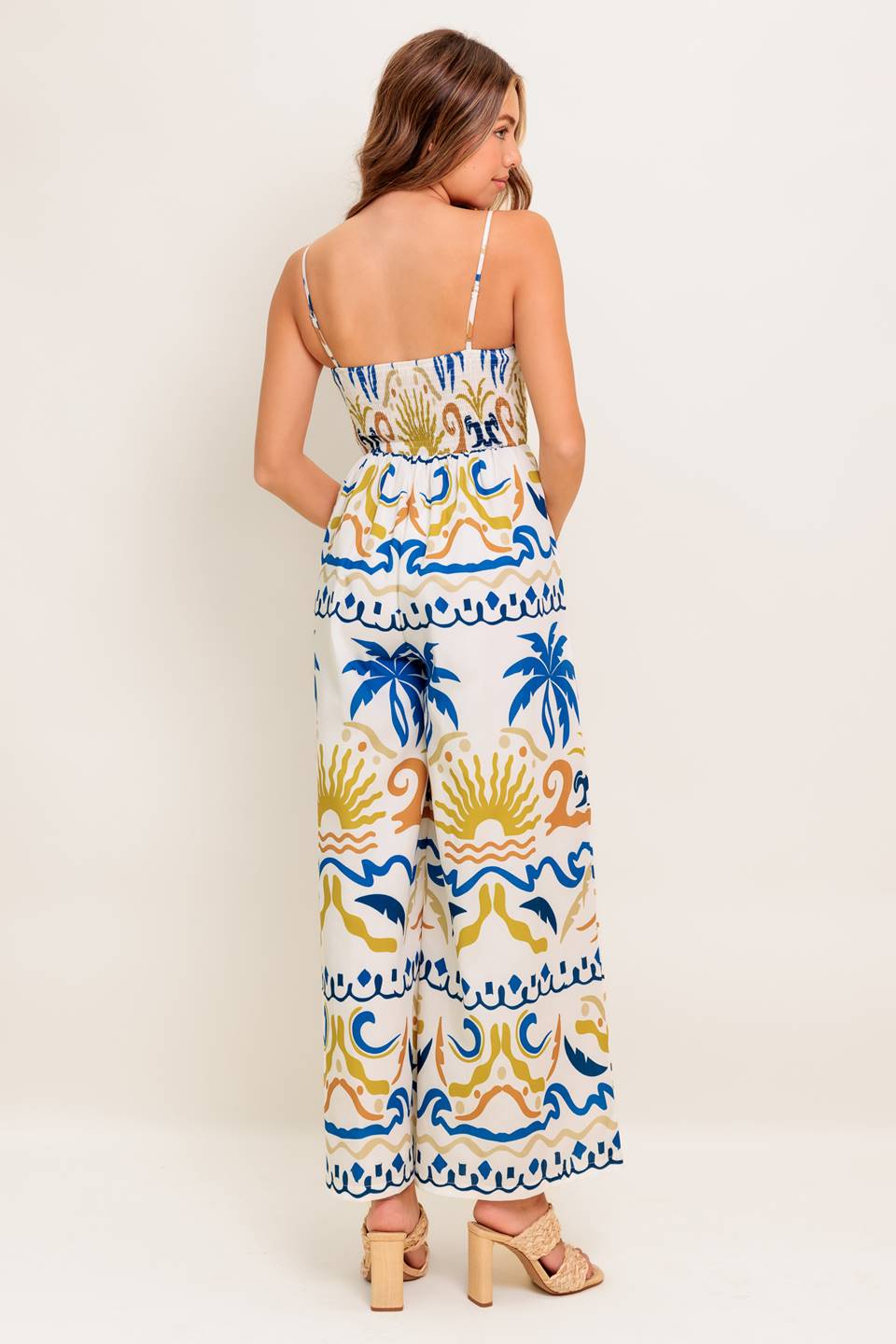 LIVANA CAMI JUMPSUIT for Women - Ivory & Blue Tropical Print Floral Romper - Perfect for Beach Vacation, Summer Outfits, and Casual Wear
