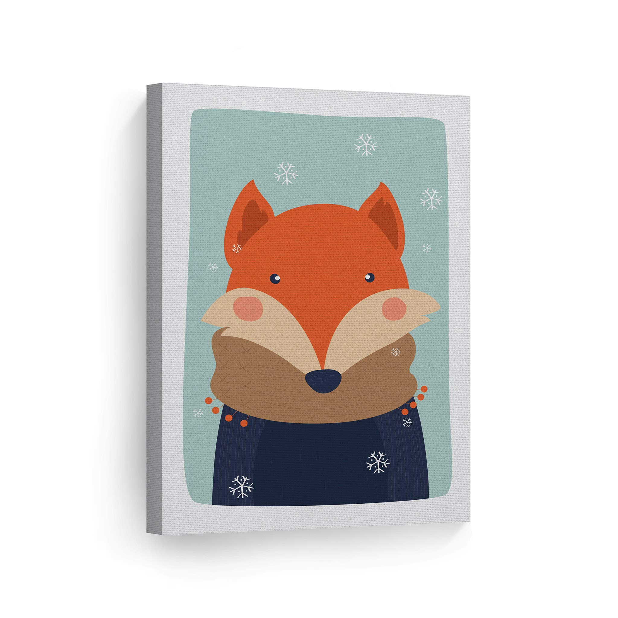 Cute Fox Winter Theme Canvas Print - Turquoise Background Wall Art for Kids Room, Nursery & Baby Room Decor - Ready to Hang 22x15 Inches - Made in USA | Perfect for Children's Bedroom, Playroom & Gift Giving