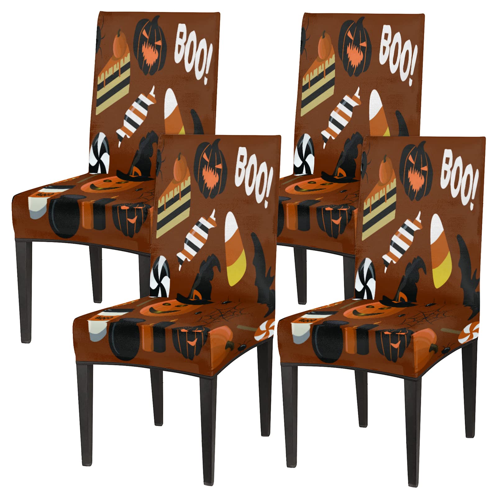 4-Pack Halloween Pumpkin Bat Stretch Dining Chair Covers - Washable & Removable Slipcovers for Kitchen, Restaurant, Party - Perfect for Dining Room, Hotel Events & Ceremonies
