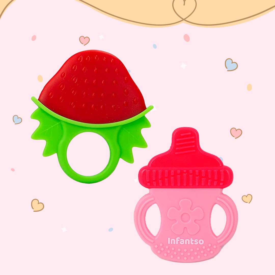 Non-Toxic Food-Grade Silicone Baby Teether for 2+ Months - BPA Free, Pain Relief for Teething Infants (Strawberry Red & Bottle Pink) | Perfect for Soothing Sore Gums at Home or On-the-Go