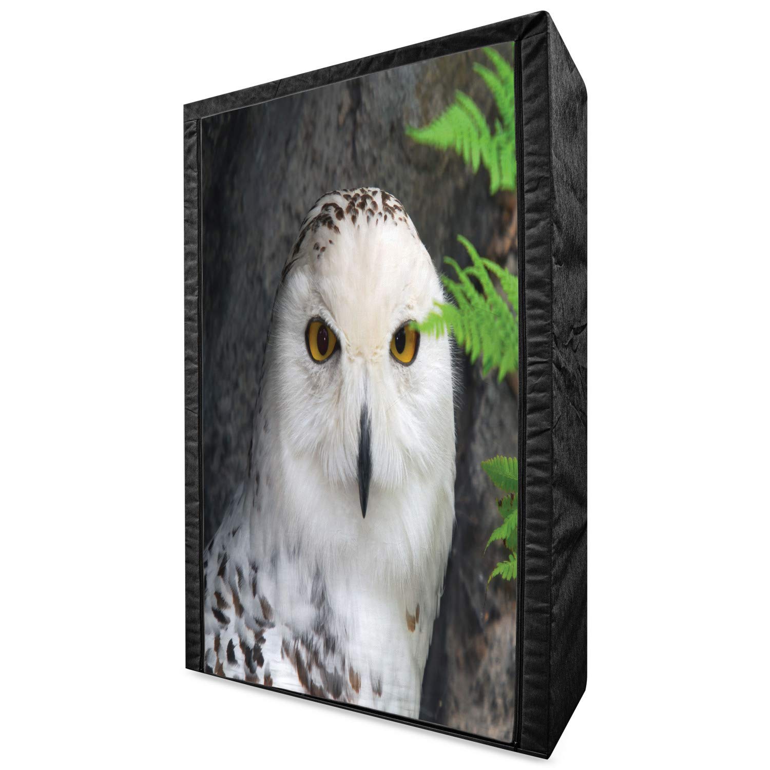 Ambesonne Wizard Portable Fabric Wardrobe - White Owl Themed with Green Leaves & Amber Eyes - 42.5
