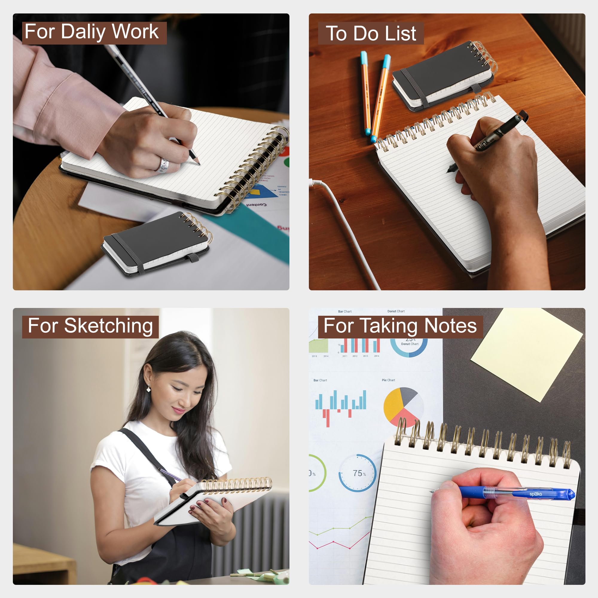 Premium Spiral Notebook Leather Steno Pad - 240 Pages 5x7 Top Bound Notepad with 100 GSM Thick Paper for Office, College & School | Left-Handed Friendly | Black Cover | Ideal for Meetings, Note-Taking & Journaling