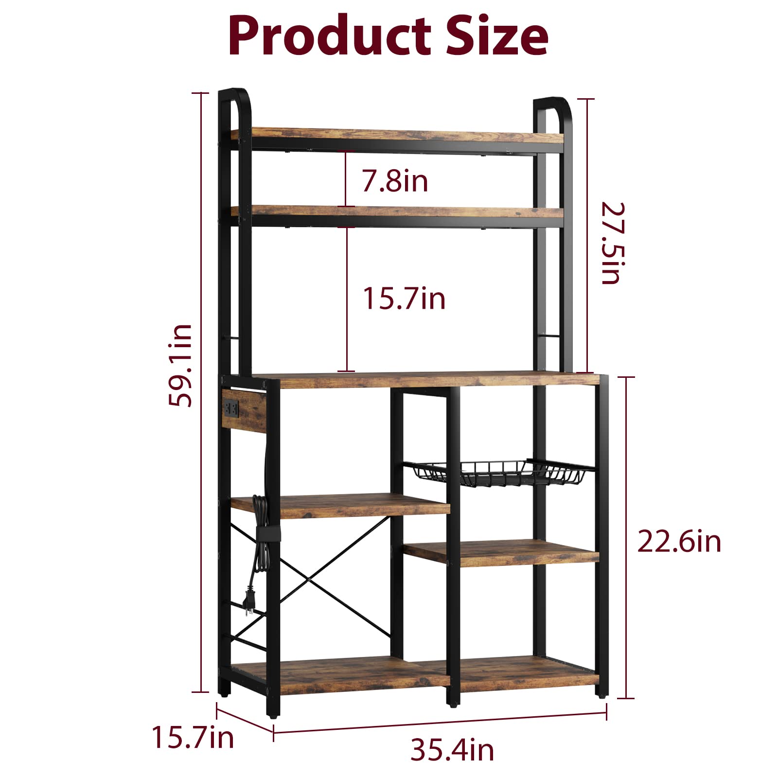 6-Tier Bakers Rack with Power Outlet & Wire Drawer - Kitchen Buffet Table with Hutch, Microwave Stand & Large Storage - Perfect for Coffee Bar, Dining & Living Room Organization