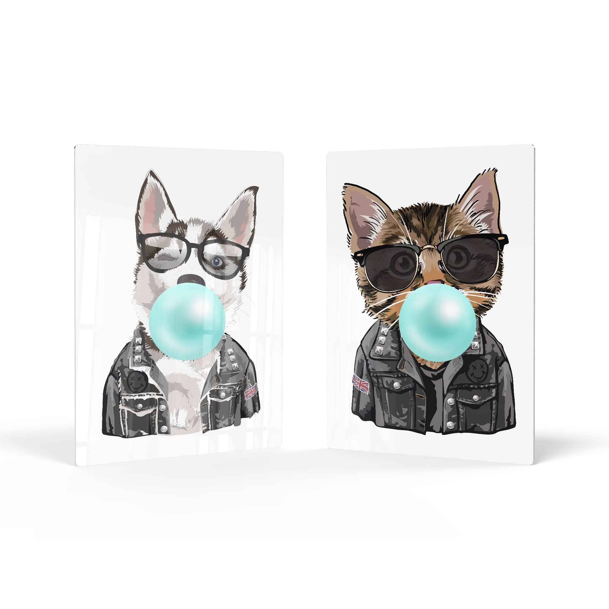Husky Dog and Cat Chewing Bubble Gum Metal Wall Art Set - 2 Piece Animal Pop Art Prints for Living Room, Bedroom, Nursery Decor (40x30 inches) - Modern Home & Kids Room Wall Decor