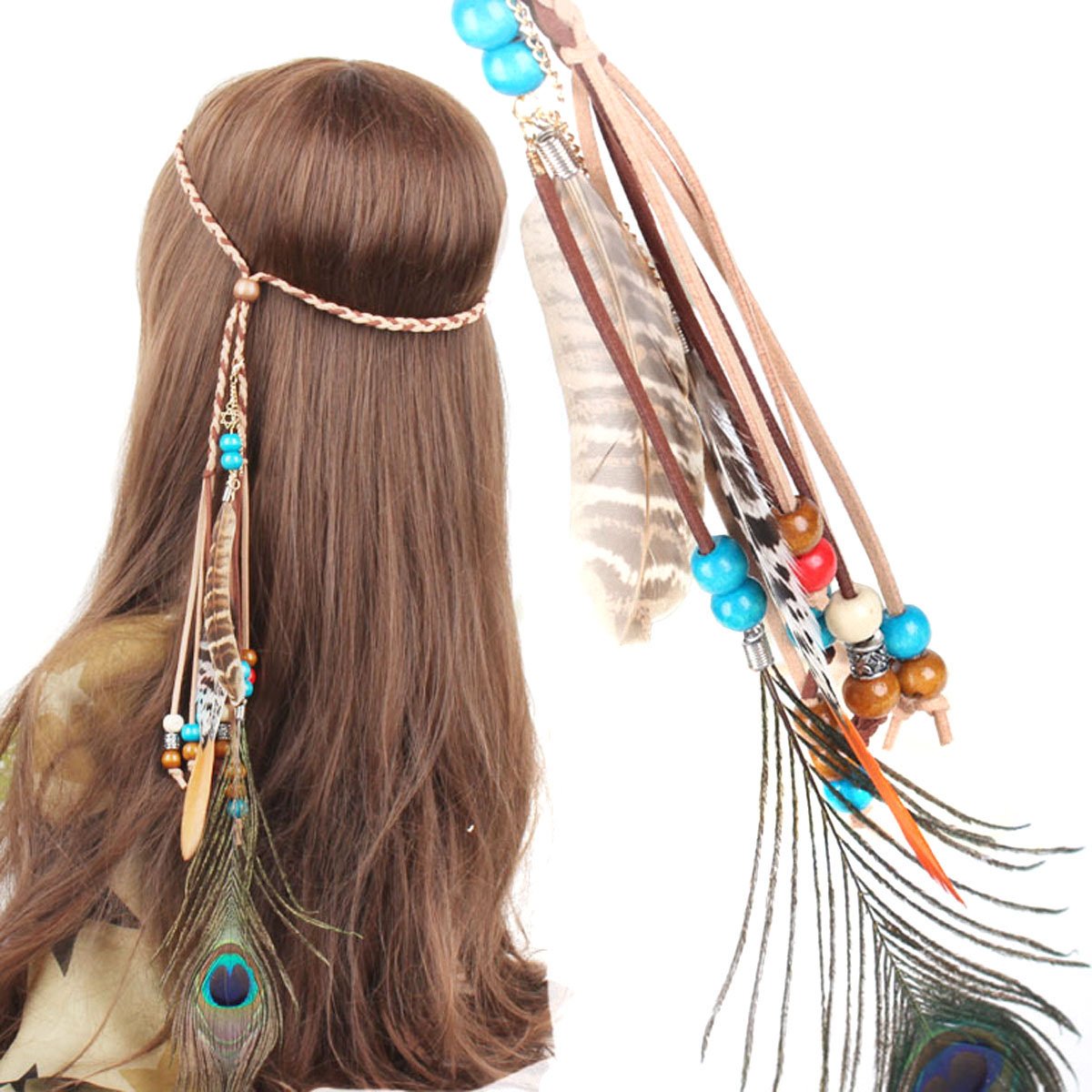Handmade Bohemian Peacock Feather Headband - Colorful Ethnic Style Braided Hair Wrap for Women | Perfect for Festivals, Weddings & Boho Fashion Accessories
