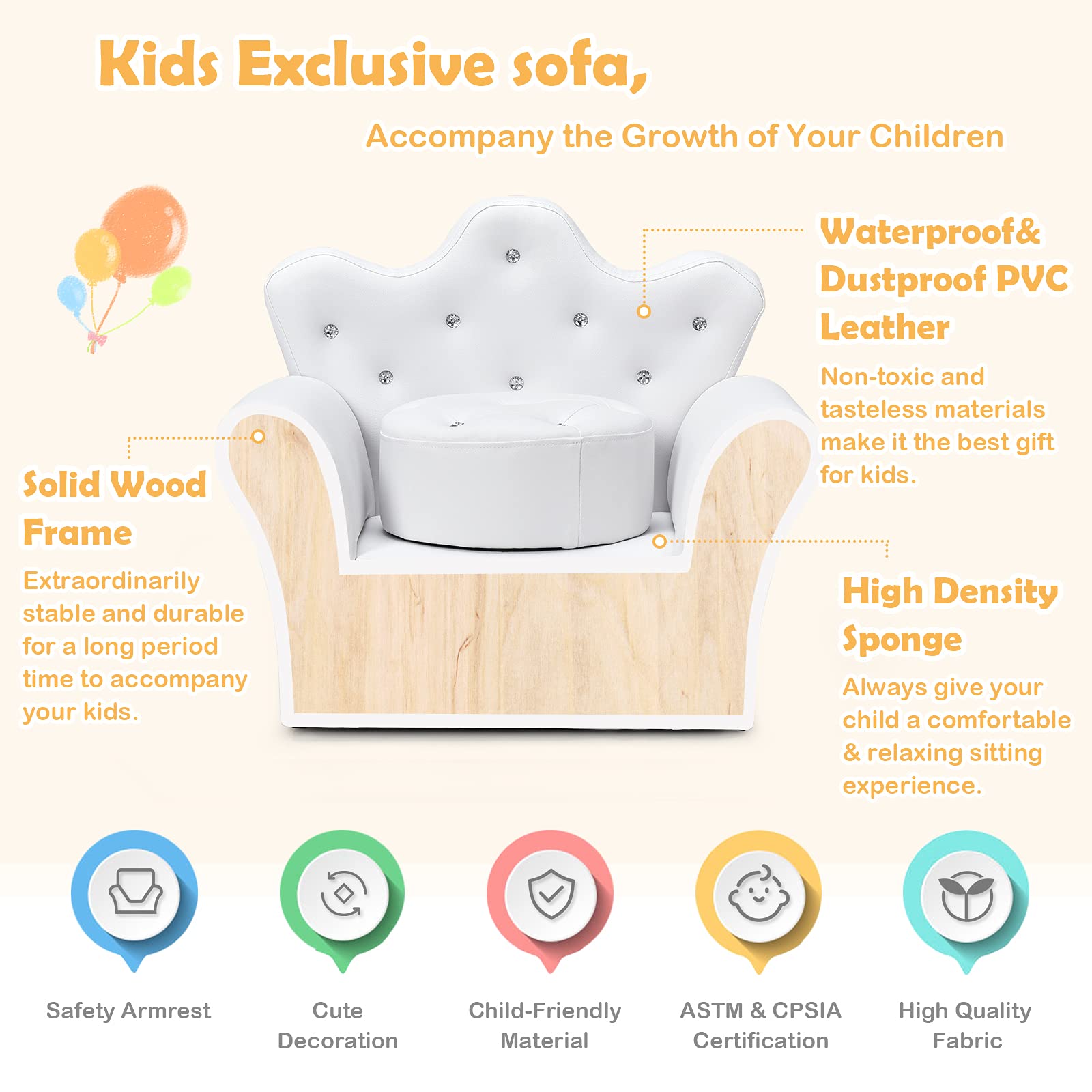 GLACER Kids Sofa with Ottoman - White PVC Leather Upholstered Crown-Back Armchair with Embedded Crystals, Princess Chair for Toddler Girls & Boys, Children's Furniture for Playroom, Bedroom & Nursery Decor
