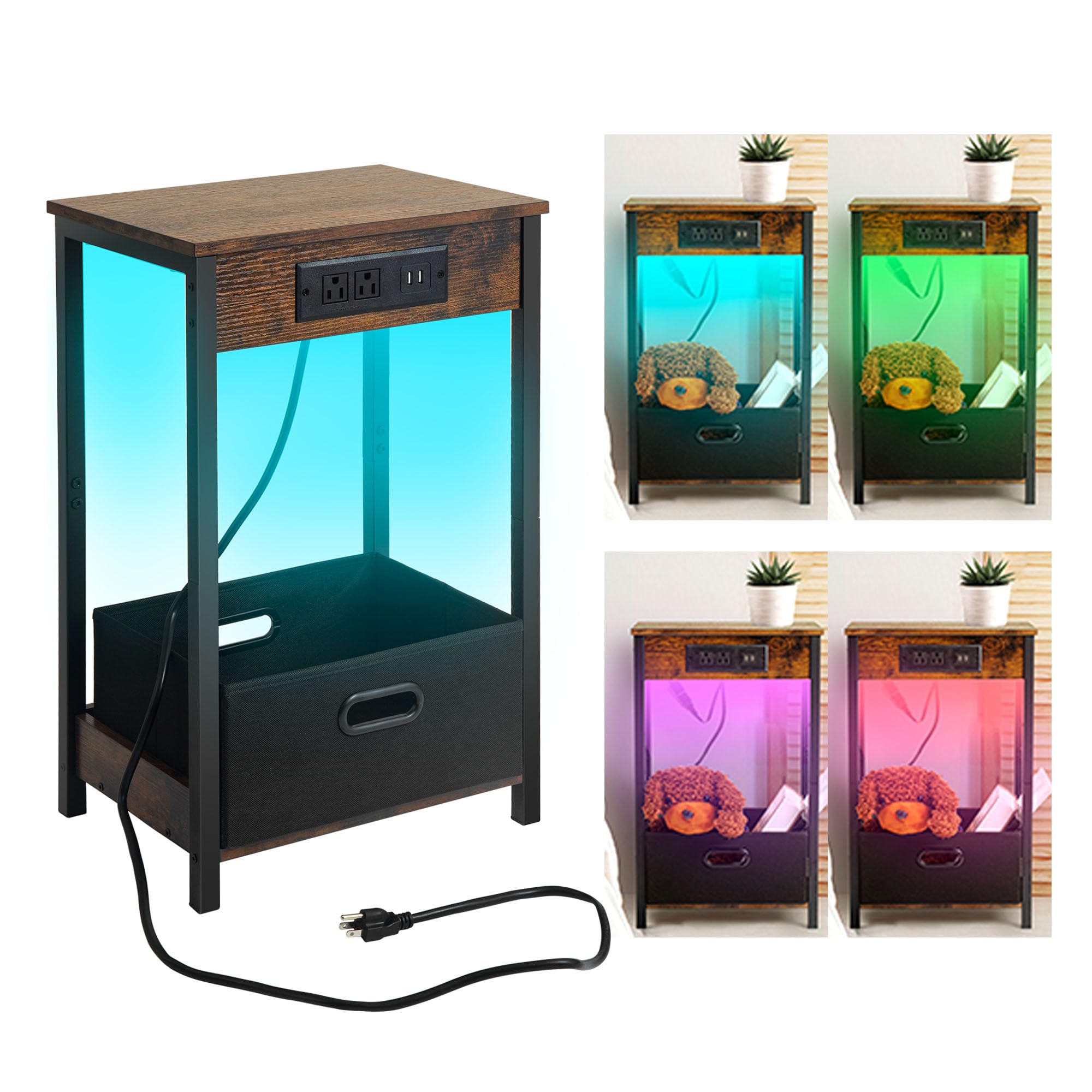 Rietolax Modern LED Nightstand with Charging Station & USB Ports - Fabric Storage Basket End Table with Electrical Outlet - Compact Side Table for Small Spaces - Perfect for Bedroom, Living Room & Dorm Use