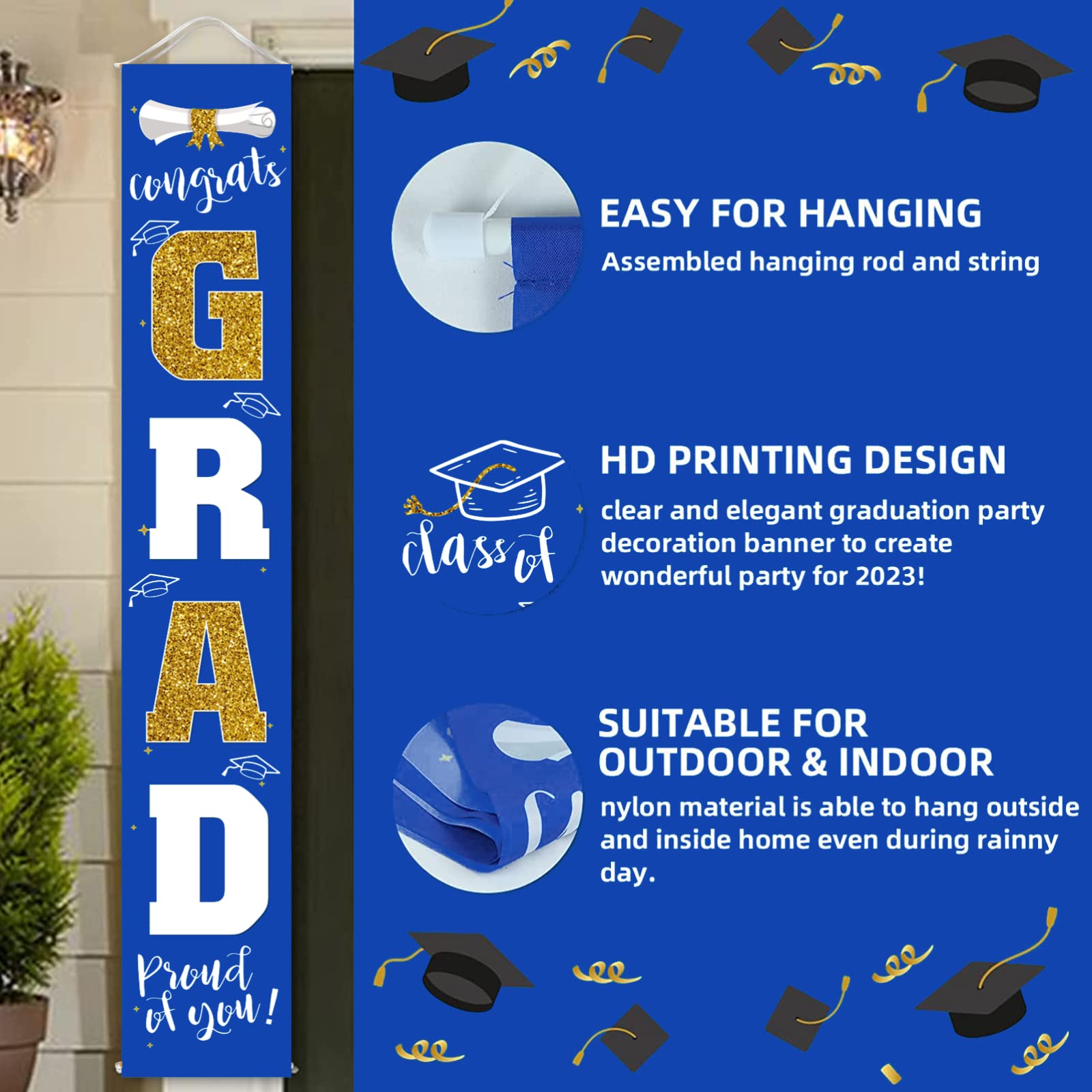 Class of 2025 Graduation Banner - Blue & Gold Porch Sign for Graduation Party Decorations | Perfect for Outdoor Yard Decor, Graduation Ceremony Backdrop & Photo Props