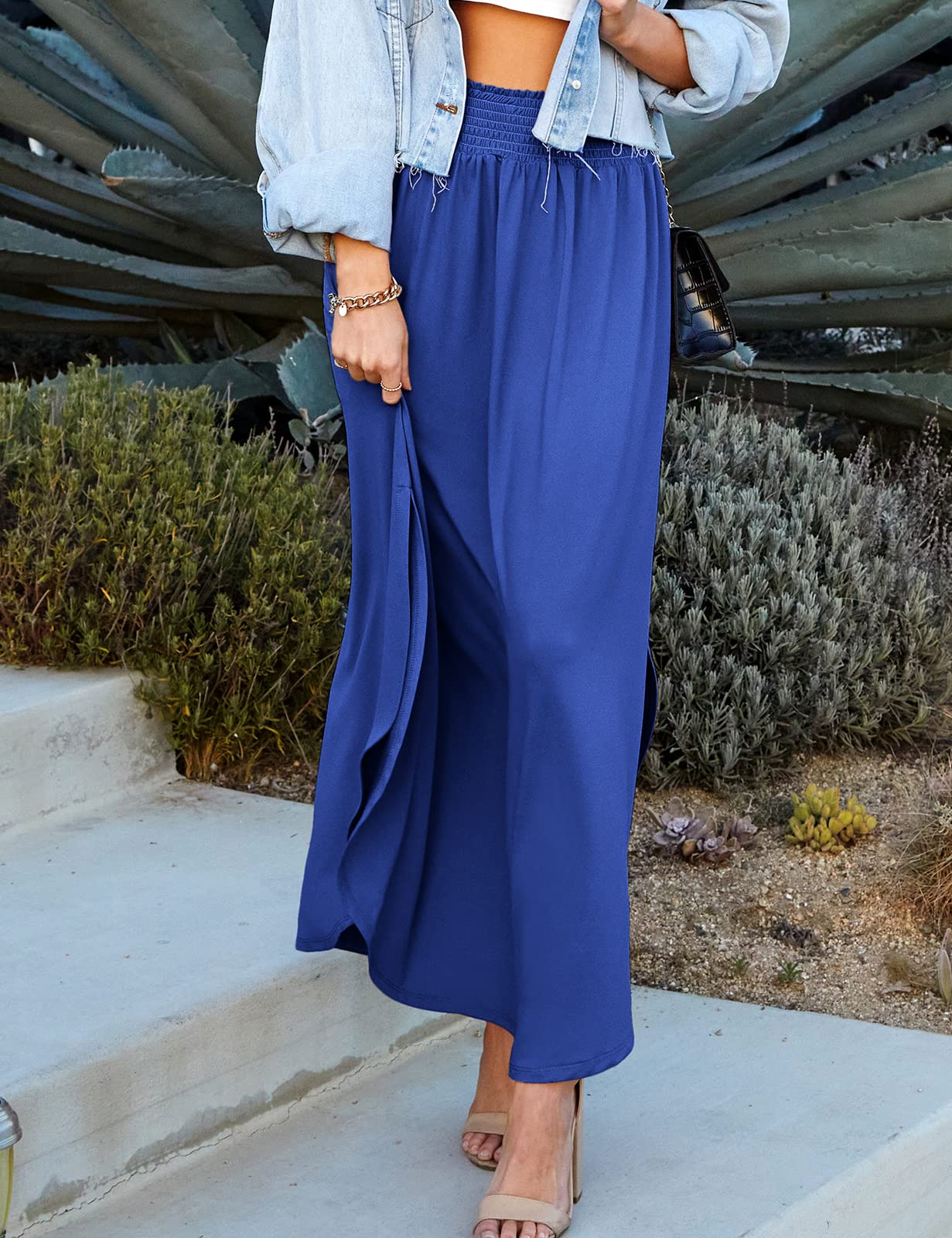 DOUBLJU Women's High Waisted Maxi Skirt - Elastic Waistband, Ankle Length Summer Long Skirt - Trendy Casual Plus Size Skirt for Beach, Vacation & Everyday Wear