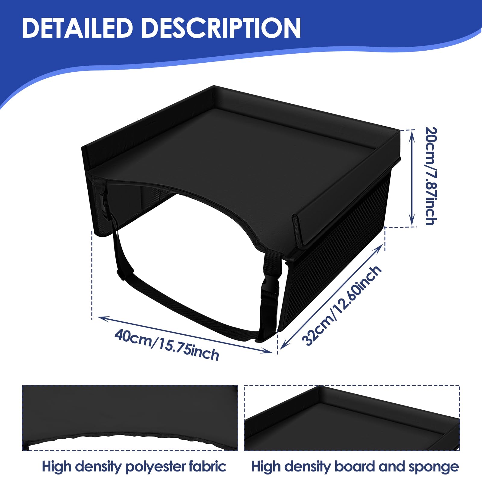 Portable Kids Travel Tray for Car Seat & Airplane - Adjustable Shoulder Strap with Storage Pocket - 15.7×12.6 Inch Toddler Lap Tray (Black) - Perfect for Road Trips, Flights & Meals On-The-Go