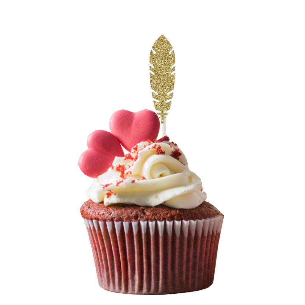 30pcs Gold Glitter Feather Cake Toppers - Elegant Cupcake Food Picks for Baby Shower, Birthday Party & Wedding Cake Decorations - Perfect for DIY Desserts and Special Celebrations