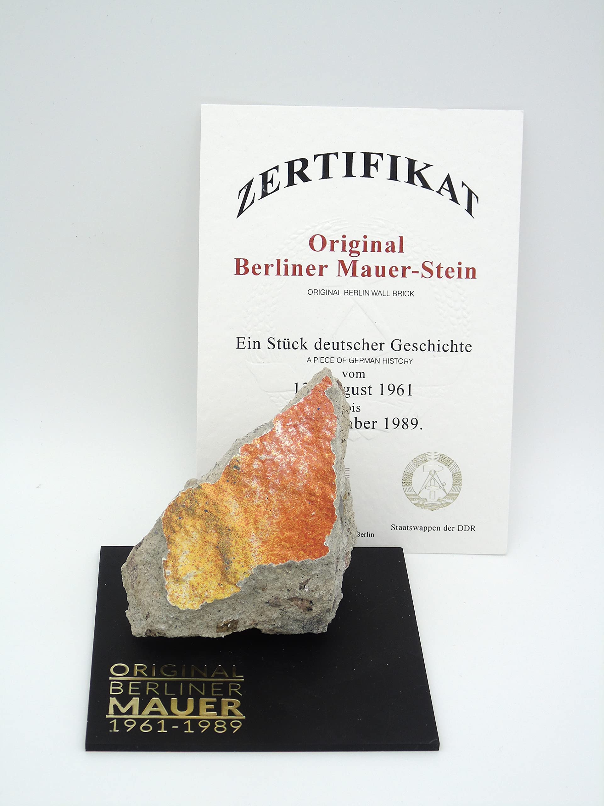 Authentic Piece of Berlin Wall with Certificate of Authenticity (CoA) - Large Fragment on Black Acrylic Base | Cold War Memorabilia, Historical Home Decor, Unique Gift for History Lovers
