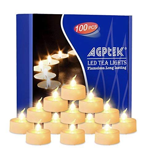 AGPtEK 100pcs Flickering LED Flameless Tealight Candles - Battery Operated Warm White Tea Lights for Wedding, Holiday Party, Home Decoration - Perfect for Centerpieces, Votive Holders, Halloween & Christmas Decor