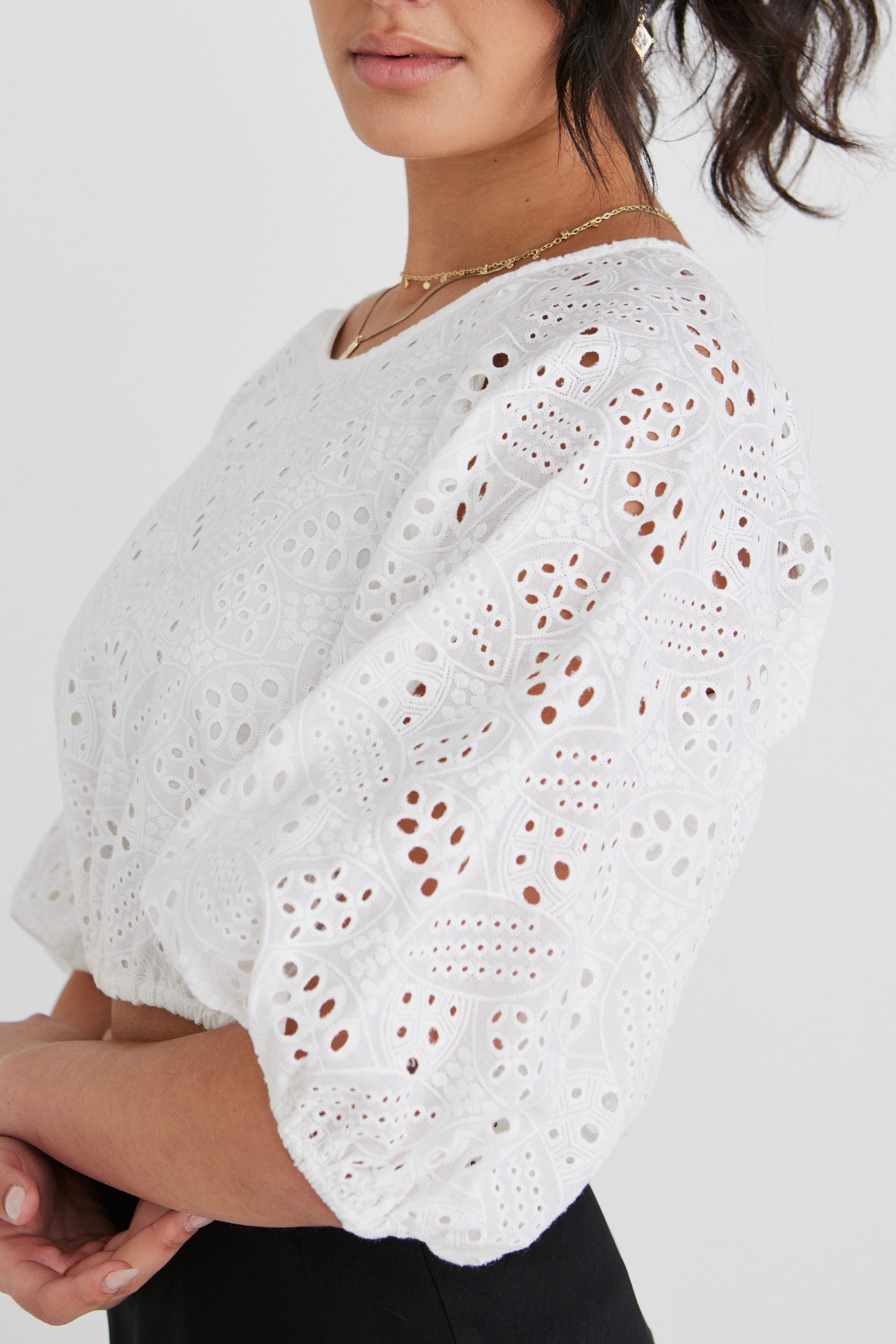 Embellished White Broderie Anglaise Cropped Puff Sleeve Blouse - Women's Vintage Boho Chic Top for Summer, Beach, and Casual Outings