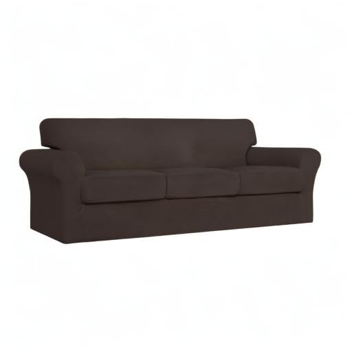 4-Piece Stretch Sofa Cover for Dogs & Pets - Washable Elastic Couch Slipcover Fits 3-Cushion Couches - Spandex Jacquard Fabric Protector for Furniture (Chocolate) - Perfect for Pet Owners & Families with Kids