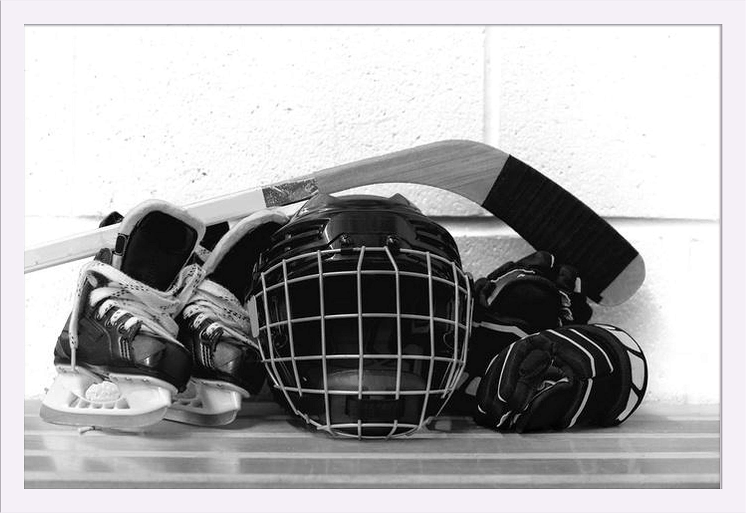 Black and White Ice Hockey Gear Photo - Stick, Skates, Puck, Helmet - 36x24 Giclee Art Print - Gallery Framed White Wood Wall Decor - Perfect for Sports Bars, Man Caves & Hockey Fan Gifts