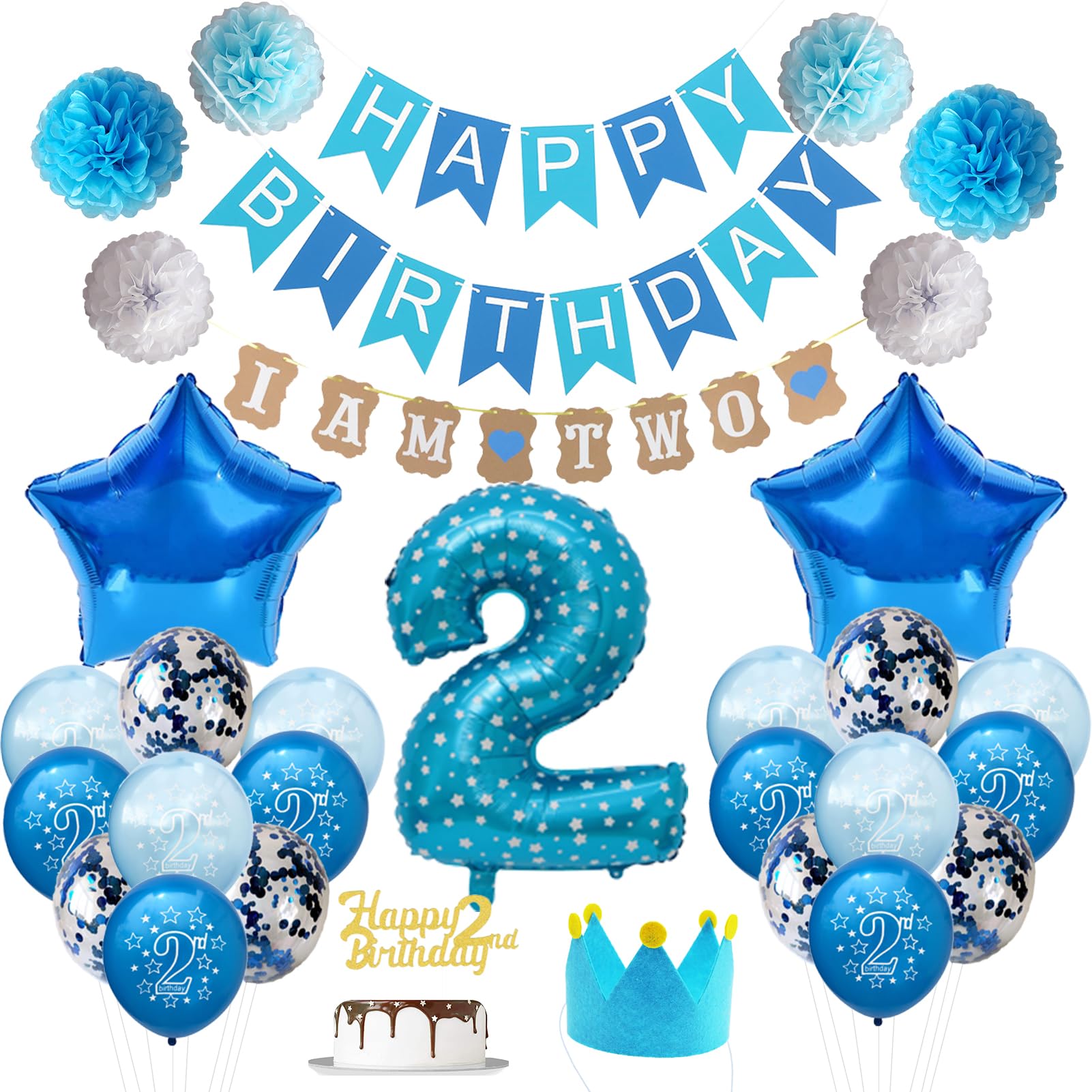 Blue 2nd Birthday Party Decorations for Boys - Prince Theme 2nd Birthday Party Supplies for Cake Smash, Photo Backdrop & Balloon Garland