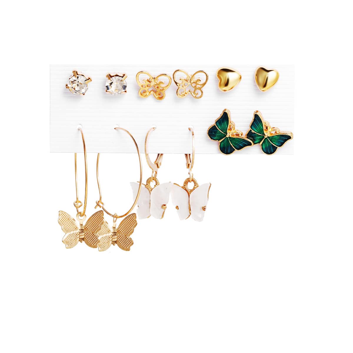 6 Pairs Butterfly Hoop Stud Earrings for Women - Small Insect Moth Dainty Tiny Earrings Set in Gold, White & Green - Perfect for Everyday Wear, Gifts & Boho Fashion