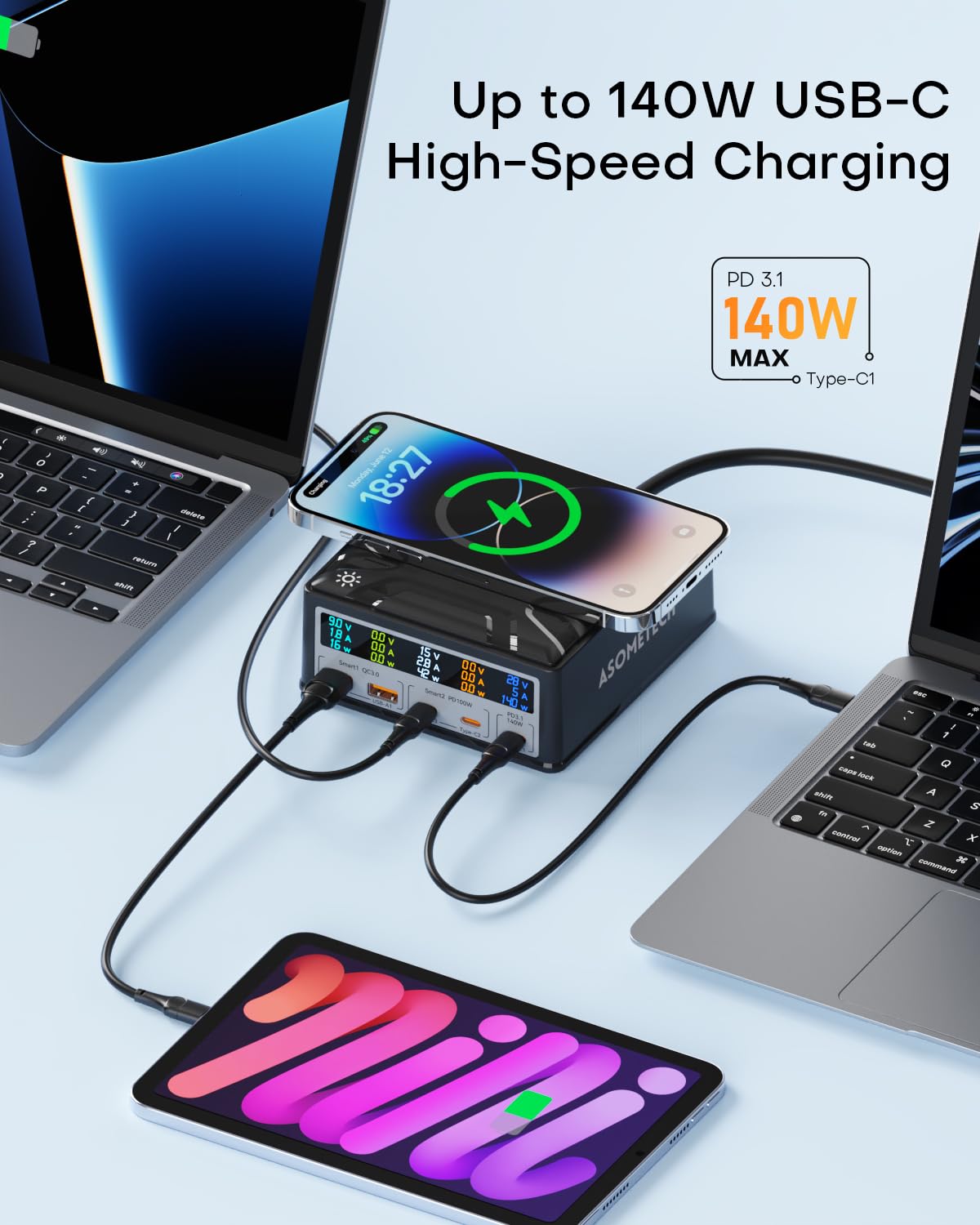 ASOMETECH 260W 5-Port USB C Charging Station with LCD Display - 140W PD3.1 GaN Fast Charger & Wireless Charging Hub for MacBook Pro/Air, iPad, iPhone, Samsung Galaxy - Perfect for Home, Office & Travel Charging Needs