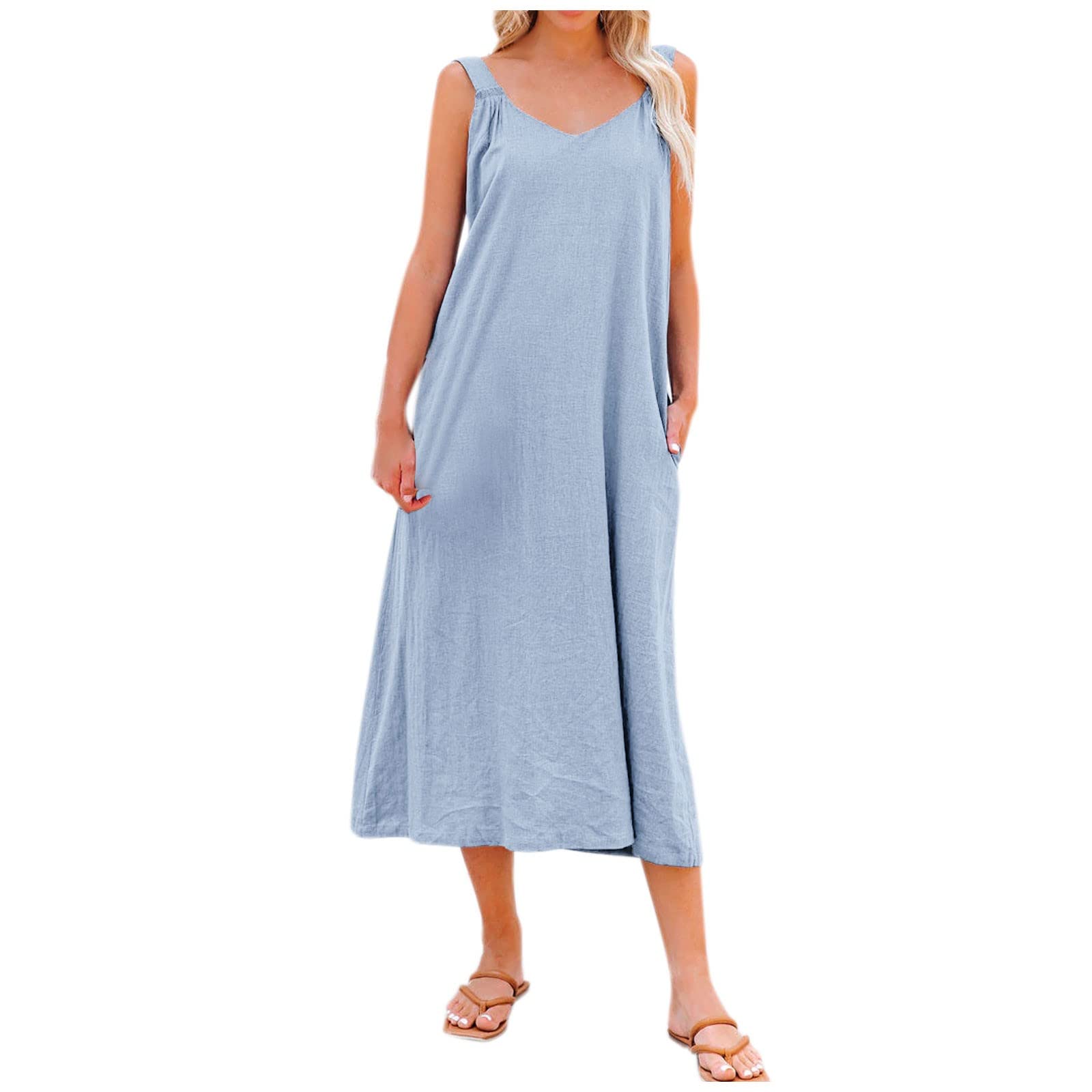 Longyy Women's Sexy V-Neck Solid Color Dress - Casual Sleeveless Loose Swing Backless Midi Dress for Holiday, Party, Beach & Summer Outfits