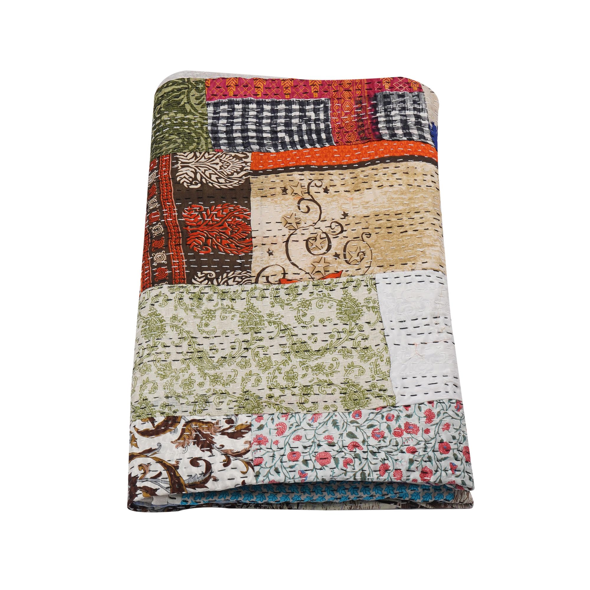 Handmade Indian Kantha Cotton Quilt - Queen Size 90x108 Inch - Traditional Silk Sari Patchwork Blanket for Bed, Sofa & Home Decor | Marubhumi Premium White Throw