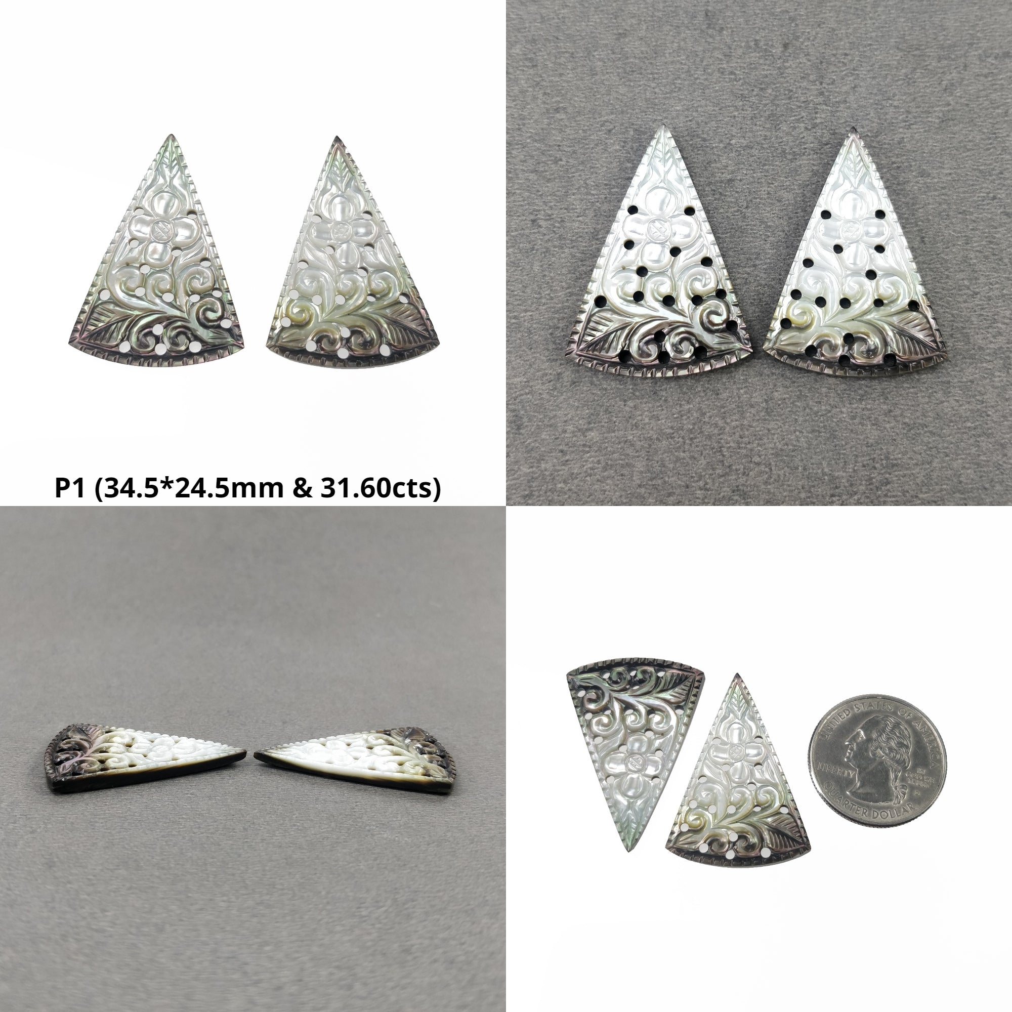 Natural Untreated Black Mother of Pearl Gemstone Carving - Hand Carved Triangle Shape Pairs for Jewelry Making & Home Decor