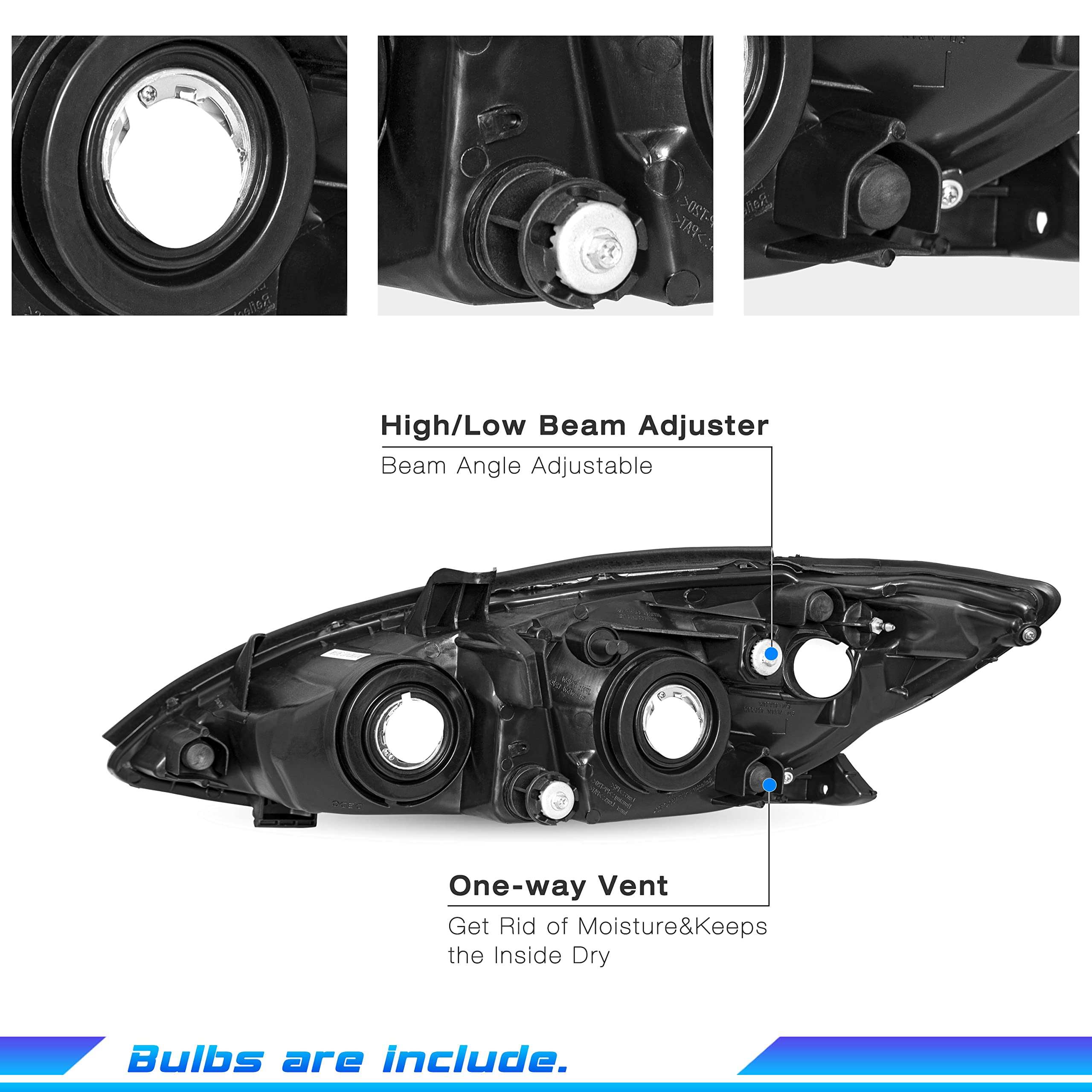 2002-2004 Toyota Camry Headlight Assembly Pair - Black Housing with Clear Reflector - Driver & Passenger Side Replacement - Perfect for Night Driving & Foggy Conditions
