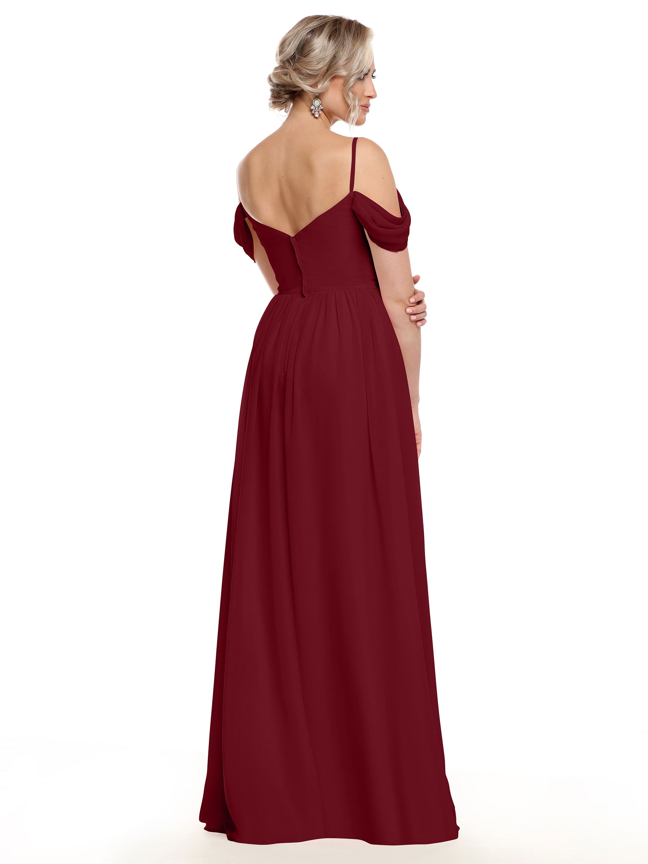 Elegant Off-the-Shoulder Chiffon Bridesmaid Dress with Spaghetti Straps - Flowy A-Line Formal Gown for Weddings, Parties & Special Occasions