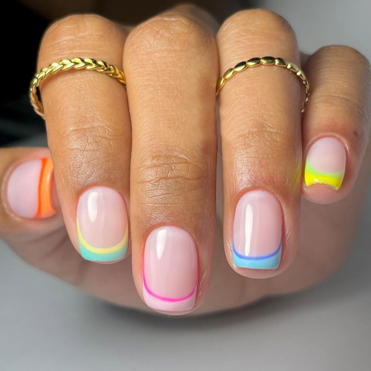 Vibrant Rainbow French Tip Press On Nails - Short Square Fake Nails with Neon Glossy Finish & Cute Designs for Women & Girls | Perfect for Parties, Festivals & Everyday Wear