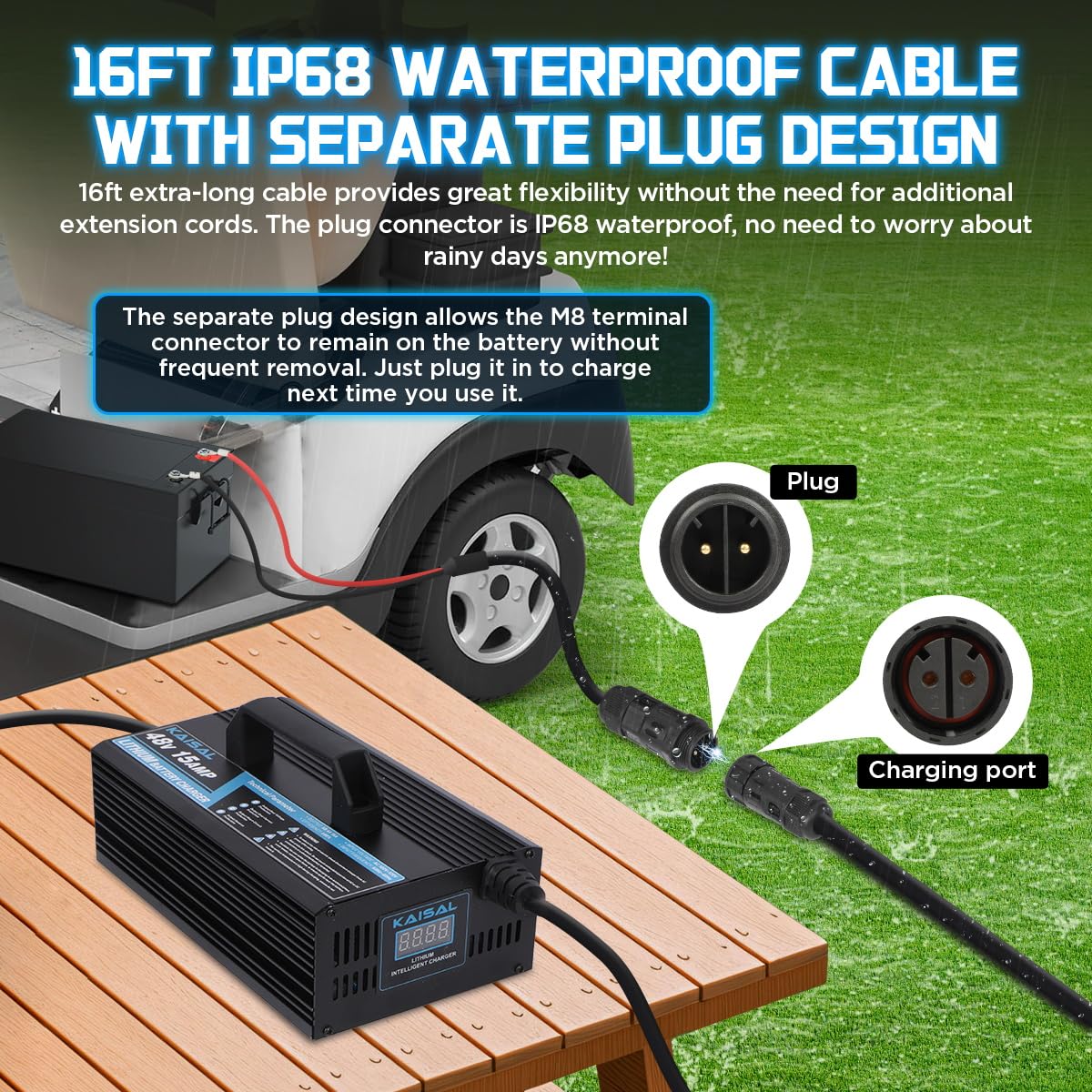 KAISAL 48V/58.4V 15A Lifepo4 Battery Charger - Waterproof IP68 Lithium Golf Cart & Forklift Charger with Removable Plug | Perfect for Golf Carts, Electric Vehicles, and Industrial Equipment
