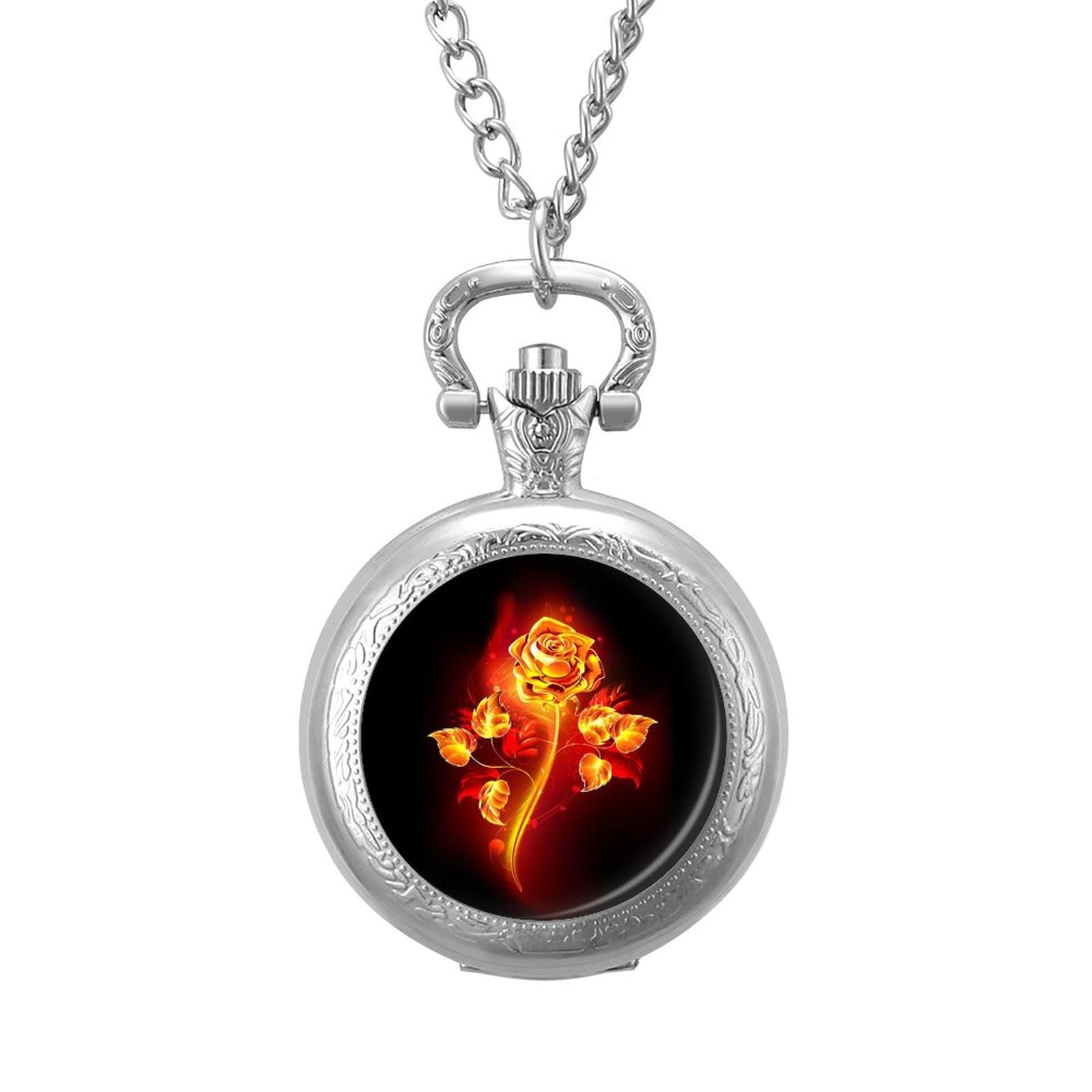 Vintage Fire Rose Pocket Watch Necklace - Antique Retro Pendant with Chain for Women & Men - Perfect Gift for Valentine's Day, Anniversary & Special Occasions | Elegant Jewelry for Weddings, Parties & Formal Events