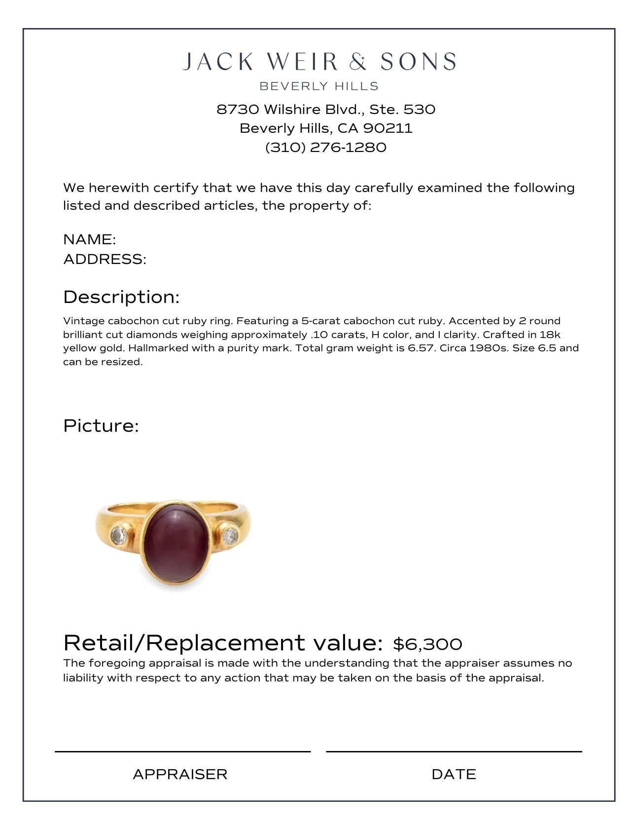 Vintage 5 Carat Cabochon Ruby & Diamond 18K Yellow Gold Ring - Elegant Jewelry for Weddings, Anniversaries & Special Occasions